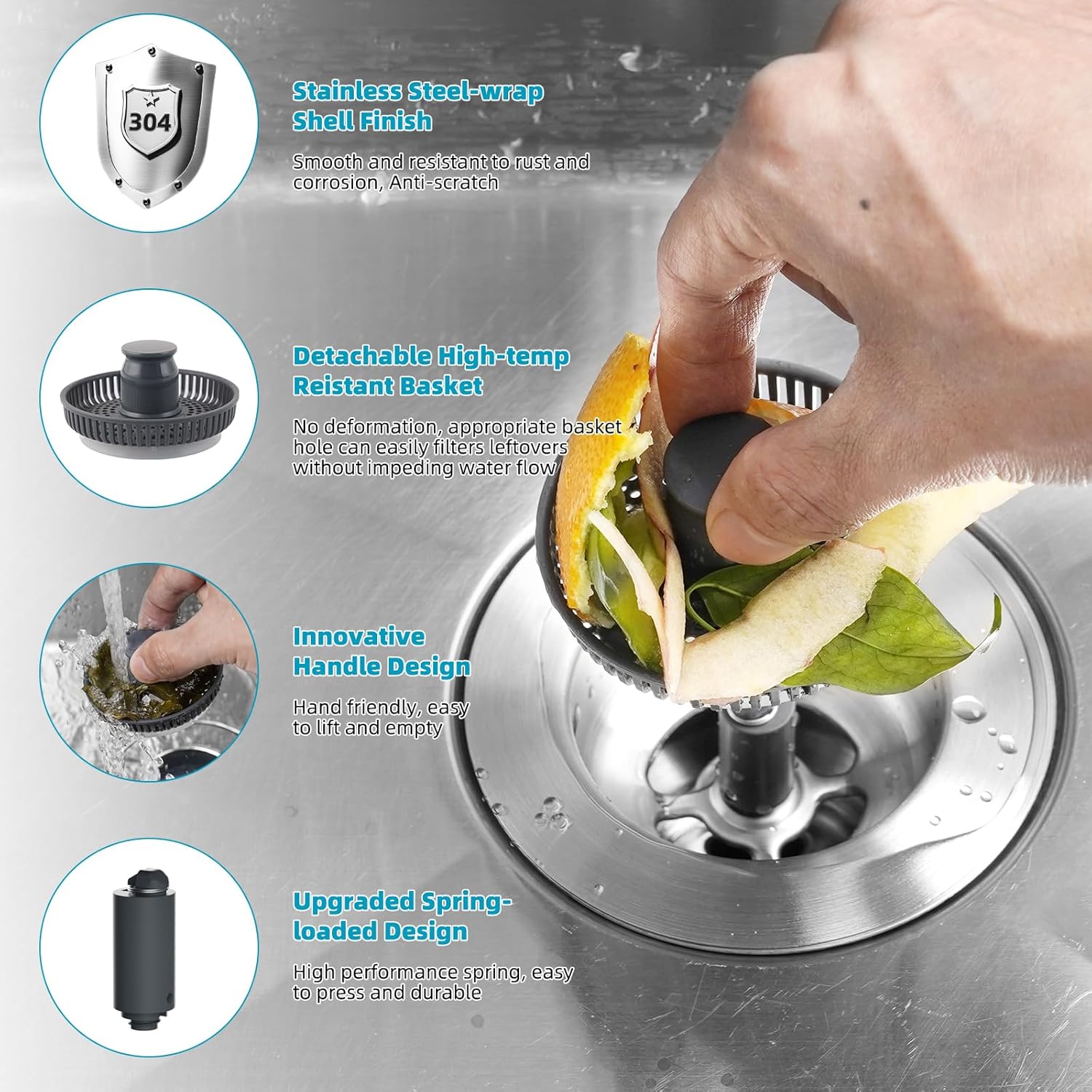 3 in 1 Kitchen Sink Drain Strainer, Stainless Steel Wrapped Shell Drain Stopper Combo, Pop Up Sink Stopper, Anti-Clogging Basket Strainer with Handle for US Standard 3-1/2