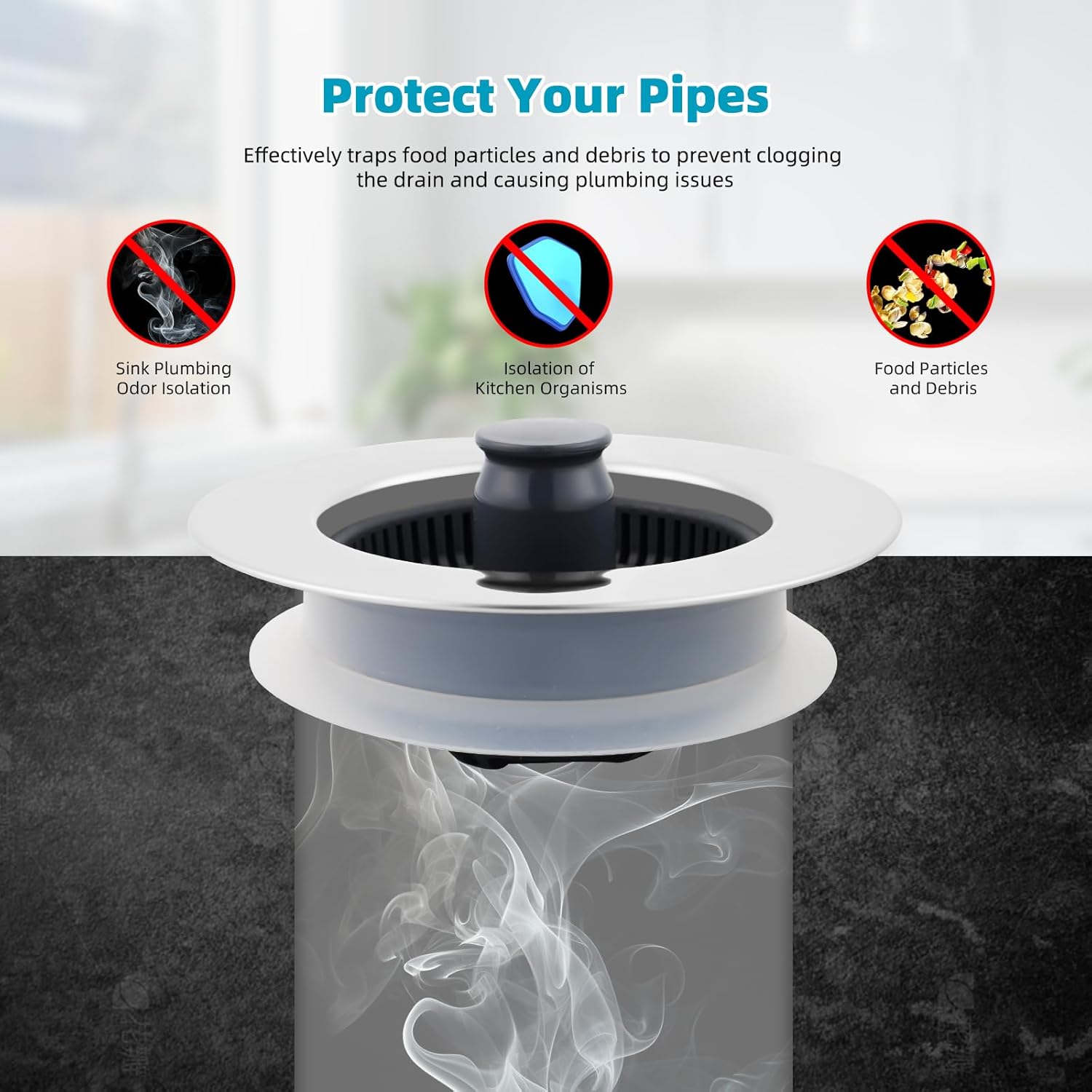 3 in 1 Kitchen Sink Drain Strainer, Stainless Steel Wrapped Shell Drain Stopper Combo, Pop Up Sink Stopper, Anti-Clogging Basket Strainer with Handle for US Standard 3-1/2