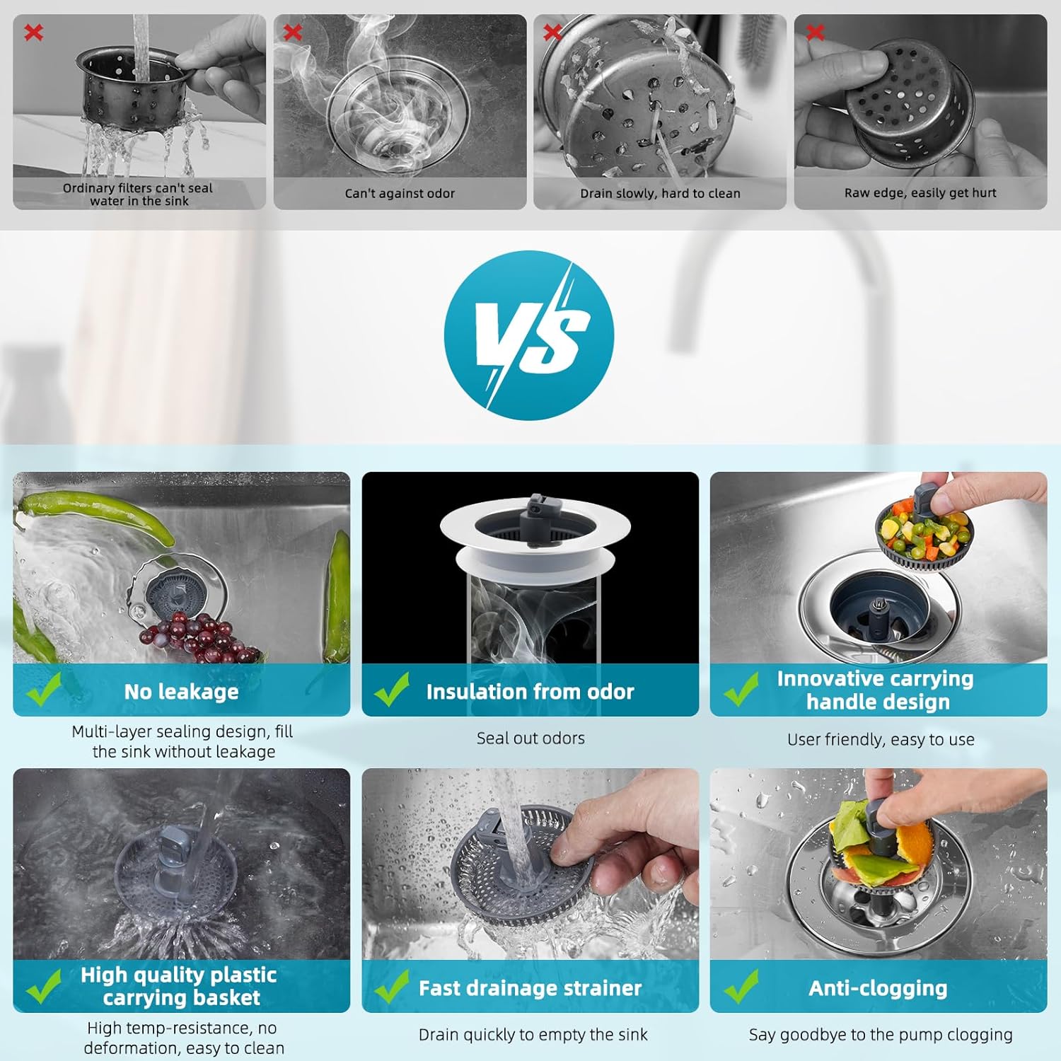 3 in 1 Kitchen Sink Drain Strainer, Stainless Steel Wrapped Shell Drain Stopper Combo, Pop Up Sink Stopper, Anti-Clogging Basket Strainer with Handle for US Standard 3-1/2