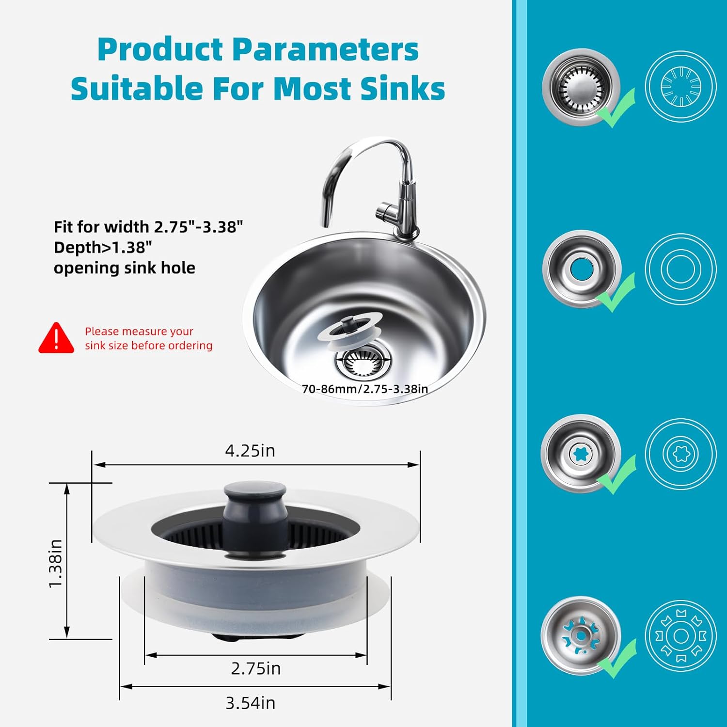 3 in 1 Kitchen Sink Drain Strainer, Stainless Steel Wrapped Shell Drain Stopper Combo, Pop Up Sink Stopper, Anti-Clogging Basket Strainer with Handle for US Standard 3-1/2