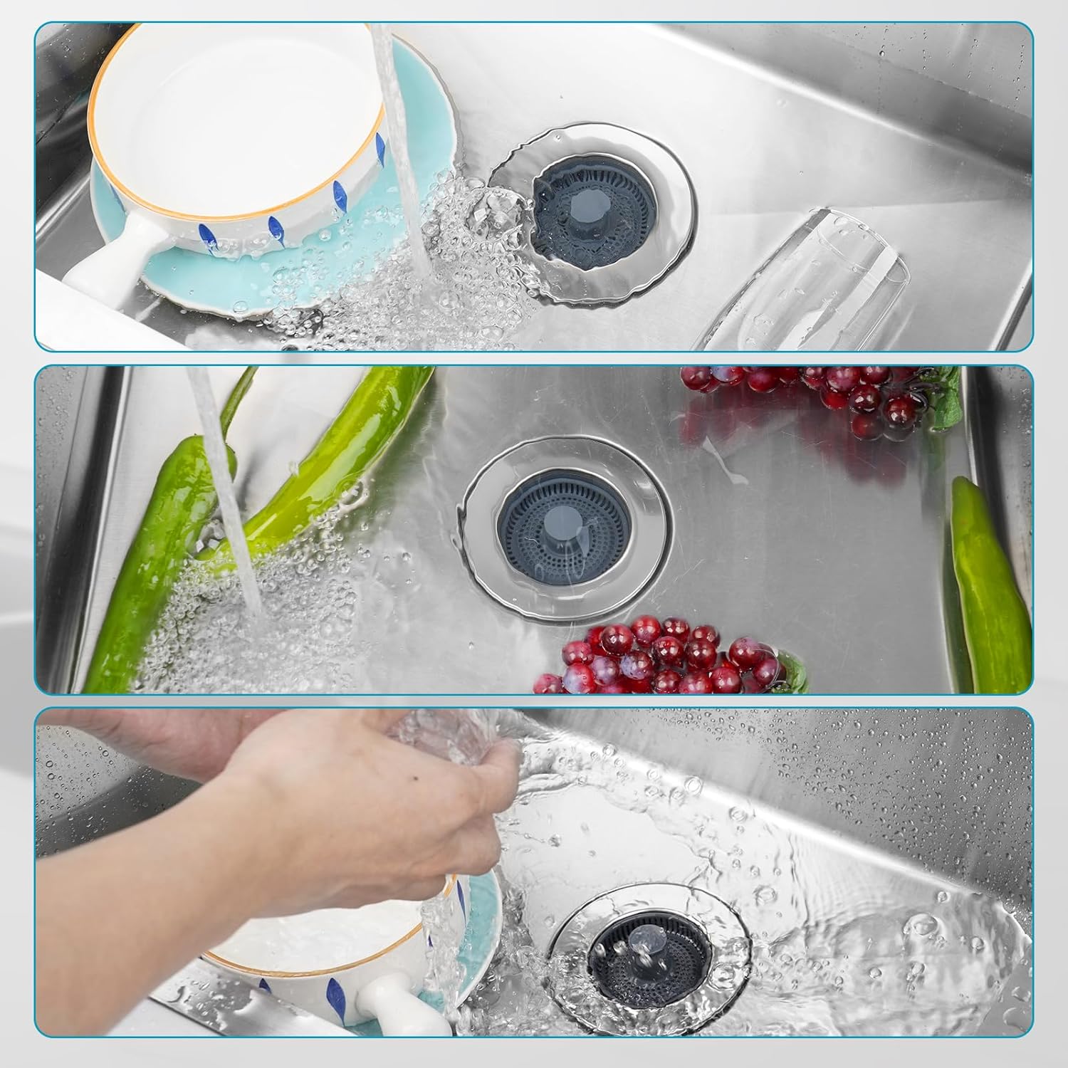 3 in 1 Kitchen Sink Drain Strainer, Stainless Steel Wrapped Shell Drain Stopper Combo, Pop Up Sink Stopper, Anti-Clogging Basket Strainer with Handle for US Standard 3-1/2