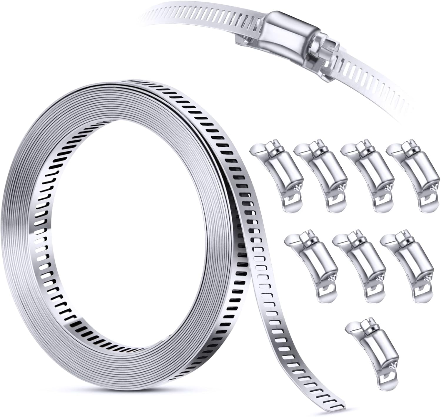 304 Stainless Steel Hose Clamp Assortment Kit DIY, Cut-To-Fit 12 FT Metal Strap+8 Stronger Fasteners,Large Adjustable Worm Gear Band Hose Clamps Screw Clamps Duct Pipe Metal Clamp Strapping - Image 1