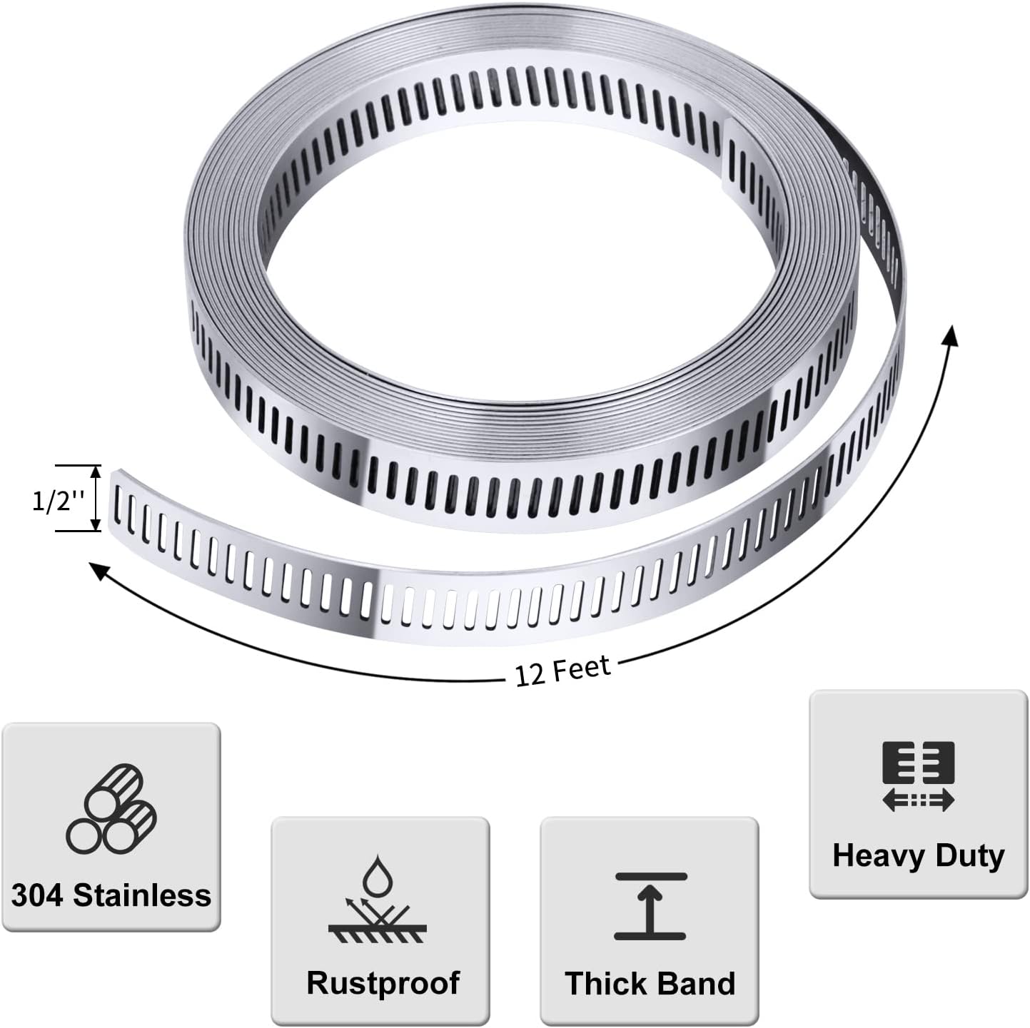 304 Stainless Steel Hose Clamp Assortment Kit DIY, Cut-To-Fit 12 FT Metal Strap+8 Stronger Fasteners,Large Adjustable Worm Gear Band Hose Clamps Screw Clamps Duct Pipe Metal Clamp Strapping - Image 4
