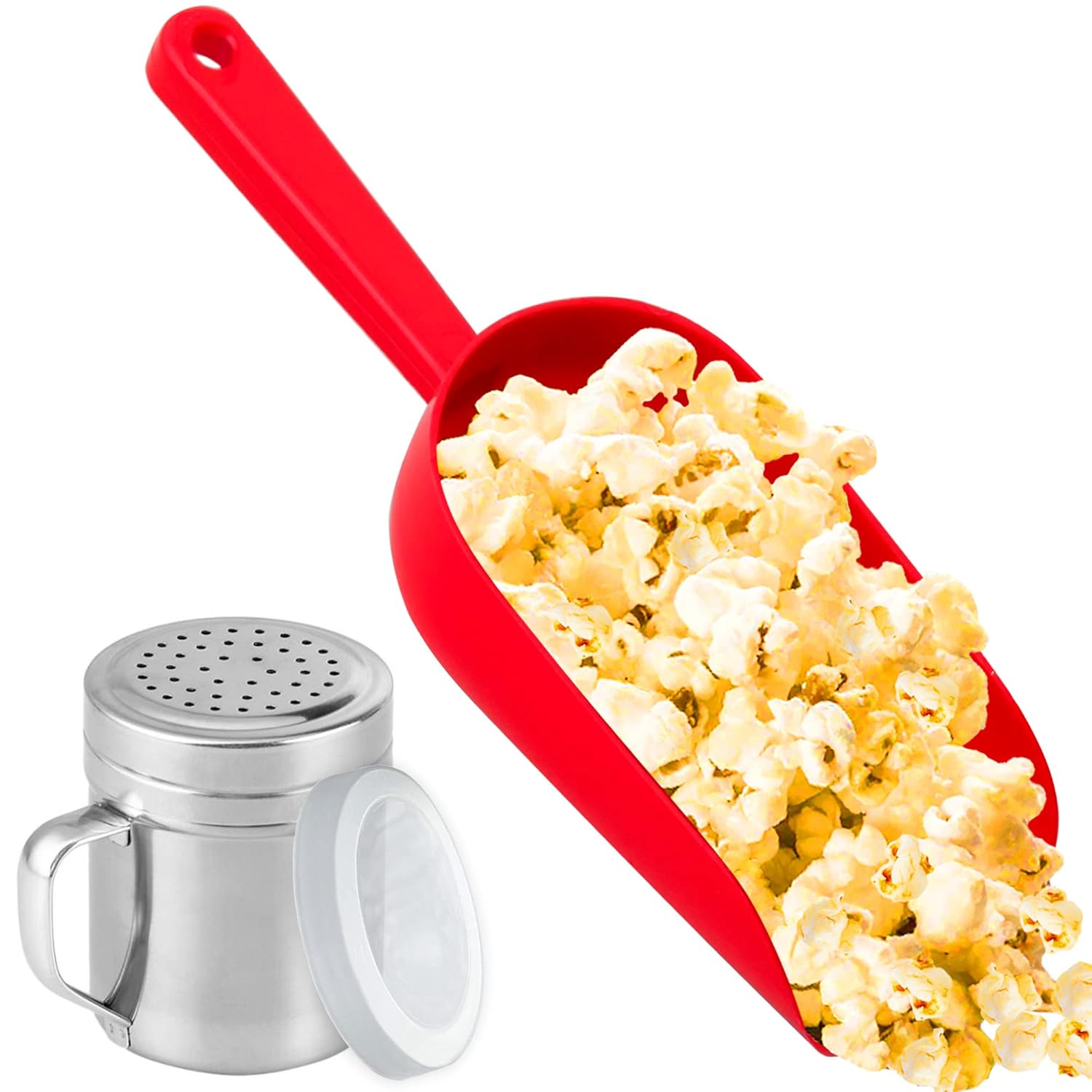 Red Popcorn Plastic Scoop with Popcorn Salt Shaker (Handle, Plastic Cap) - Popcorn Concession Supplies Bundle - Image 1
