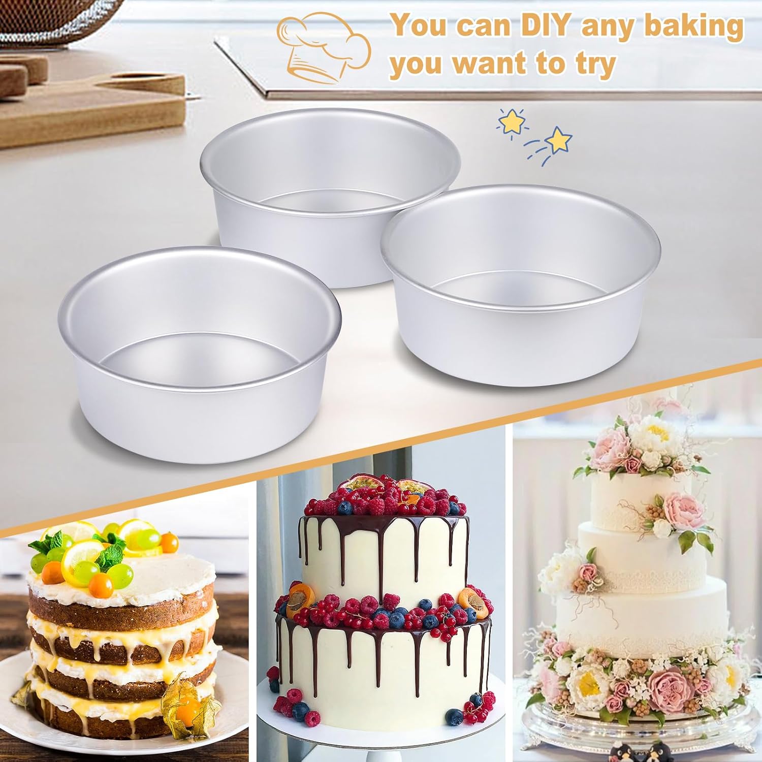 Round Cake Pan Set of 3 (6 x 3 inch/8 x 3 inch/10 x 3 inch), Aluminum Baking Pans for Layer Cakes, Heavy Duty Non-Stick, Evenly Baking Tools for Home Kitchen, Birthday Wedding Anniversary - Image 4