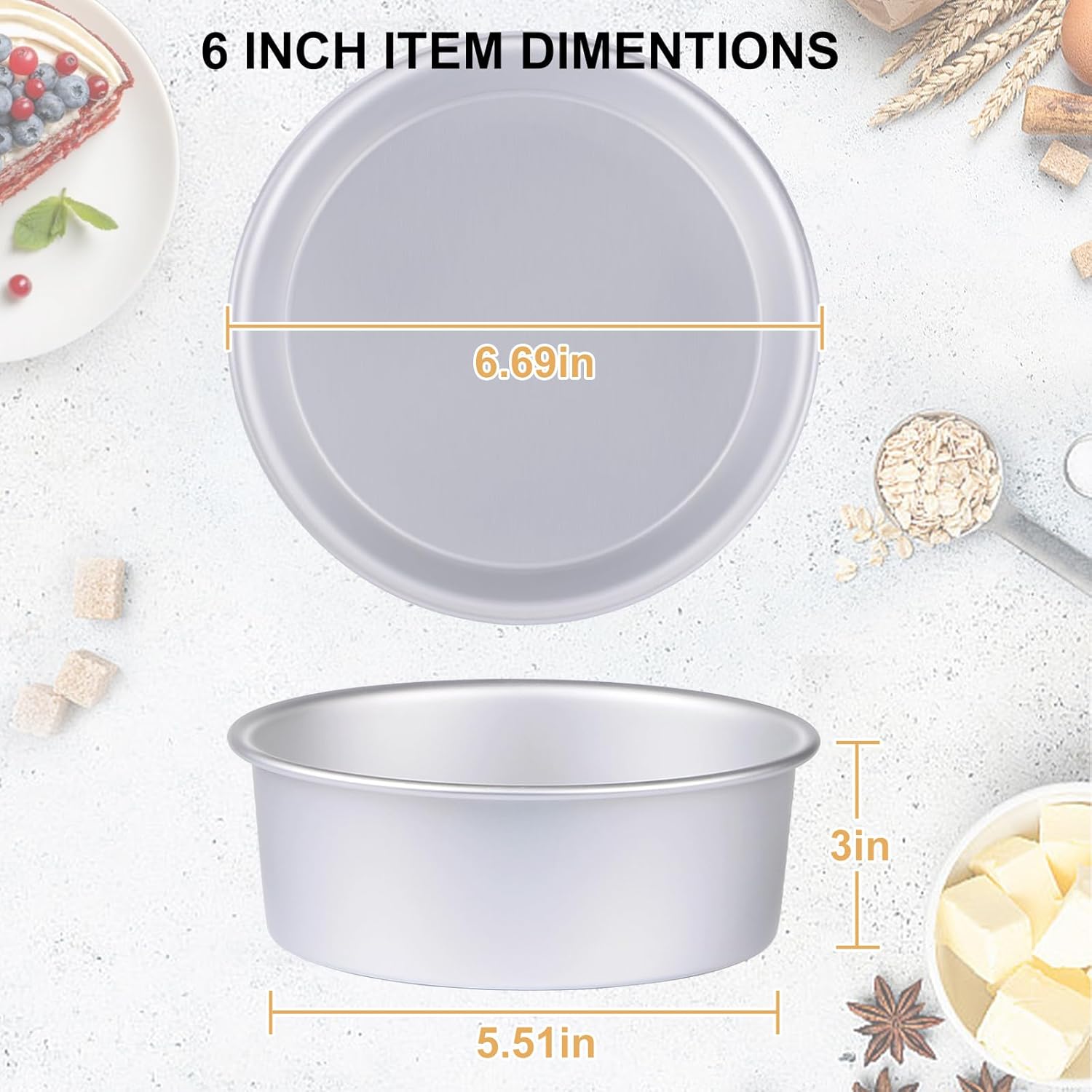 Round Cake Pan Set of 3 (6 x 3 inch/8 x 3 inch/10 x 3 inch), Aluminum Baking Pans for Layer Cakes, Heavy Duty Non-Stick, Evenly Baking Tools for Home Kitchen, Birthday Wedding Anniversary - Image 7