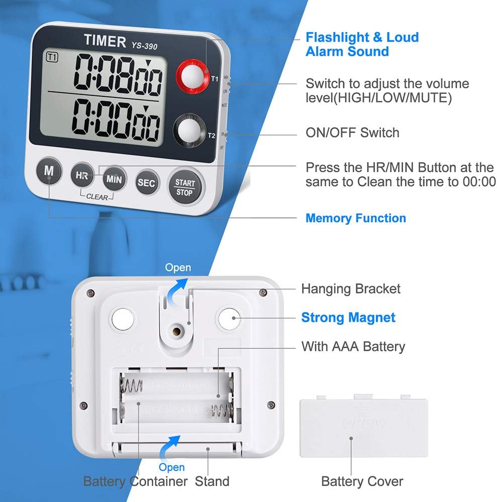 Digital Kitchen Cooking Timer, Dual Count Up & Down with Magnetic Back, Large Display, Adjustable Volume and Flashing Alarm Light, ON/Off Switch Stopwatch, Battery Included - Image 2