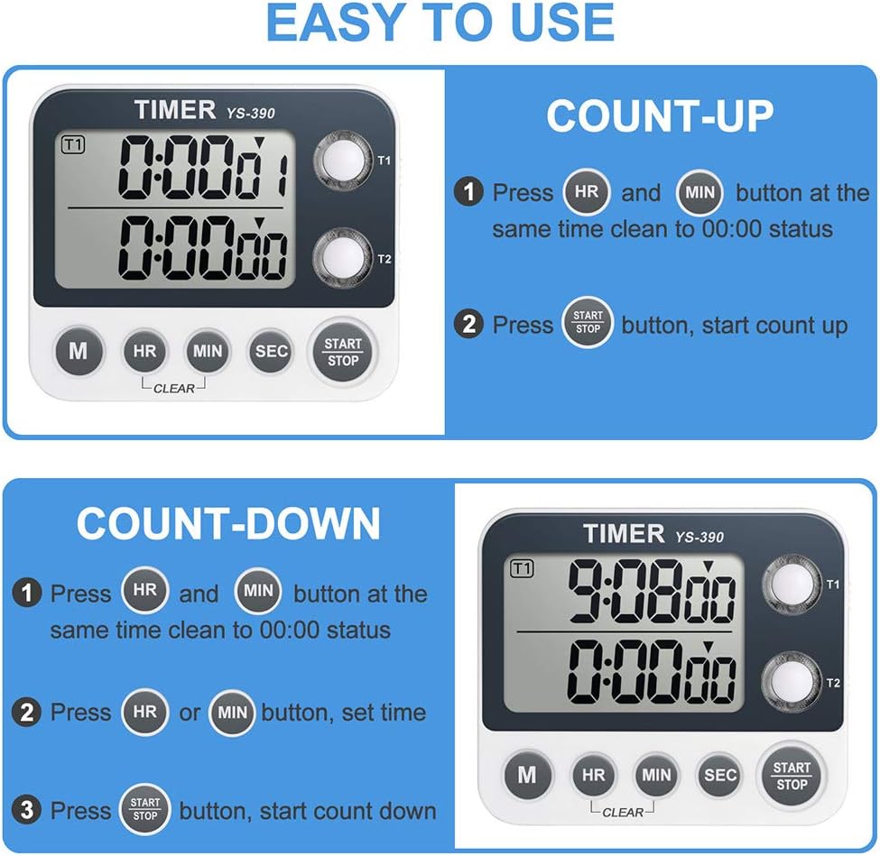Digital Kitchen Cooking Timer, Dual Count Up & Down with Magnetic Back, Large Display, Adjustable Volume and Flashing Alarm Light, ON/Off Switch Stopwatch, Battery Included - Image 3