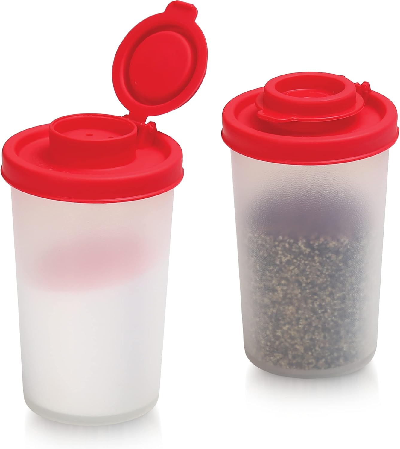 SIGNORAWARE Salt and Pepper Shakers Moisture Proof Set of 2 Large Salt Shaker to go Camping Picnic Outdoors Kitchen Lunch Boxes Travel Spice Set Clear with Red Covers Lids Plastic Airtight Dispenser - Image 1
