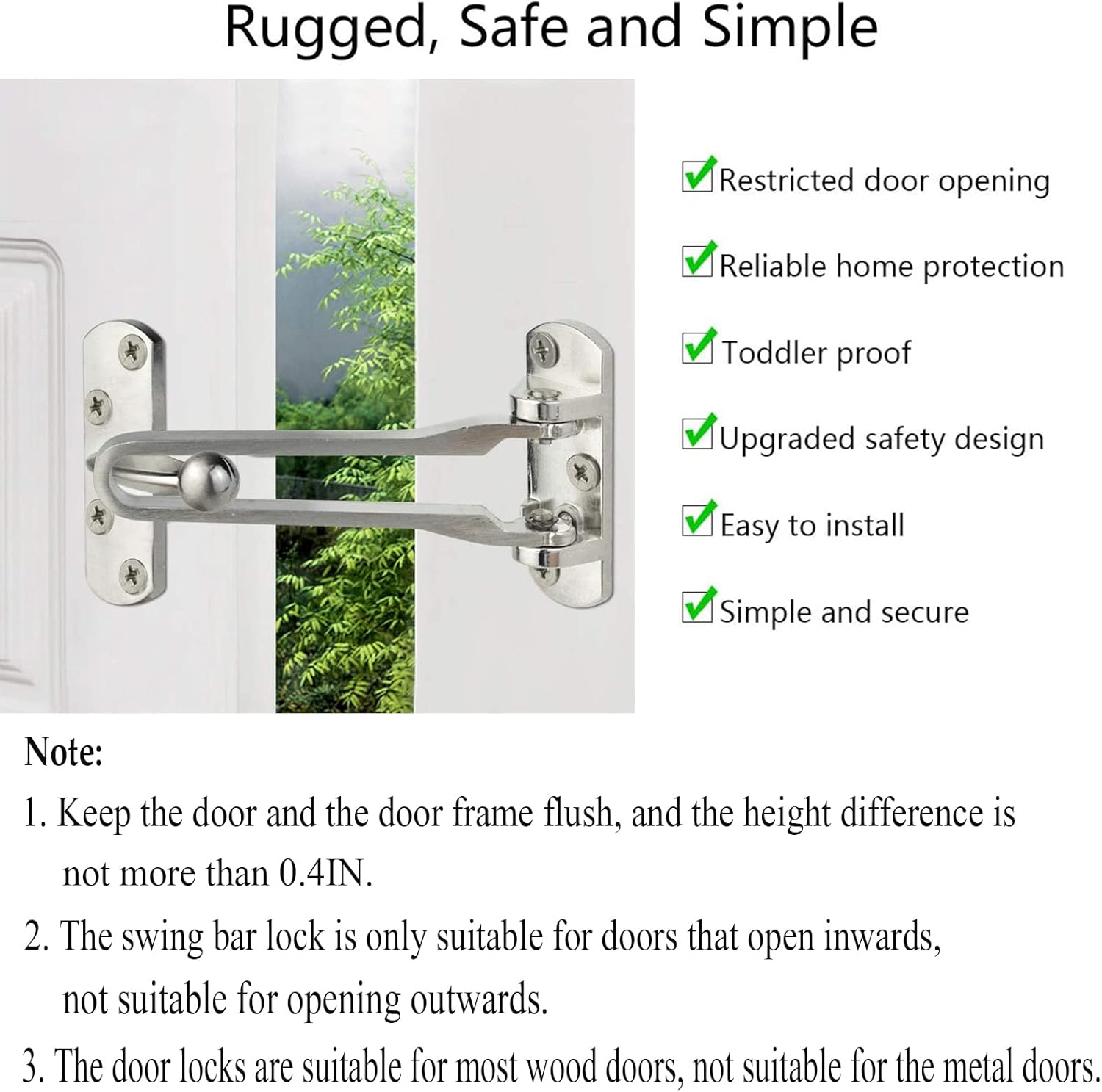 Home Security Door Lock, 2 Pack Latch Guard Clasp Front Door Locks for Kids, Home Reinforcement Lock for Swing-in Doors, Hotel Door Latches, Thicken Solid Aluminium Alloy, Satin Nickel - Image 4