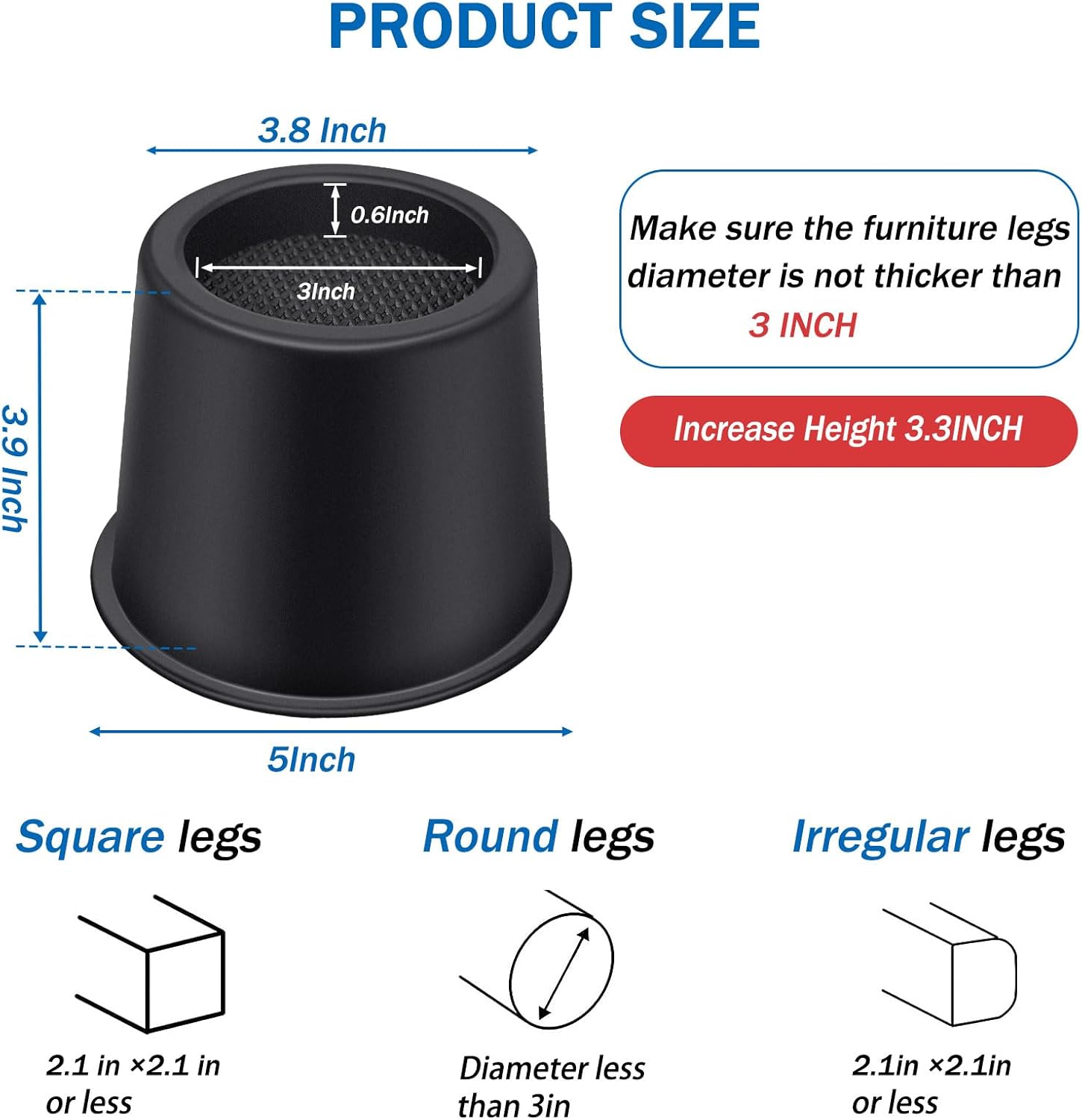 Bed Risers 4 Inch Heavy Duty, Round Furniture Risers for Bed Desk Table Sofa Couch，Bed Lifts Risers, Support up to 3300 Lbs(4 Pack Black) - Image 2