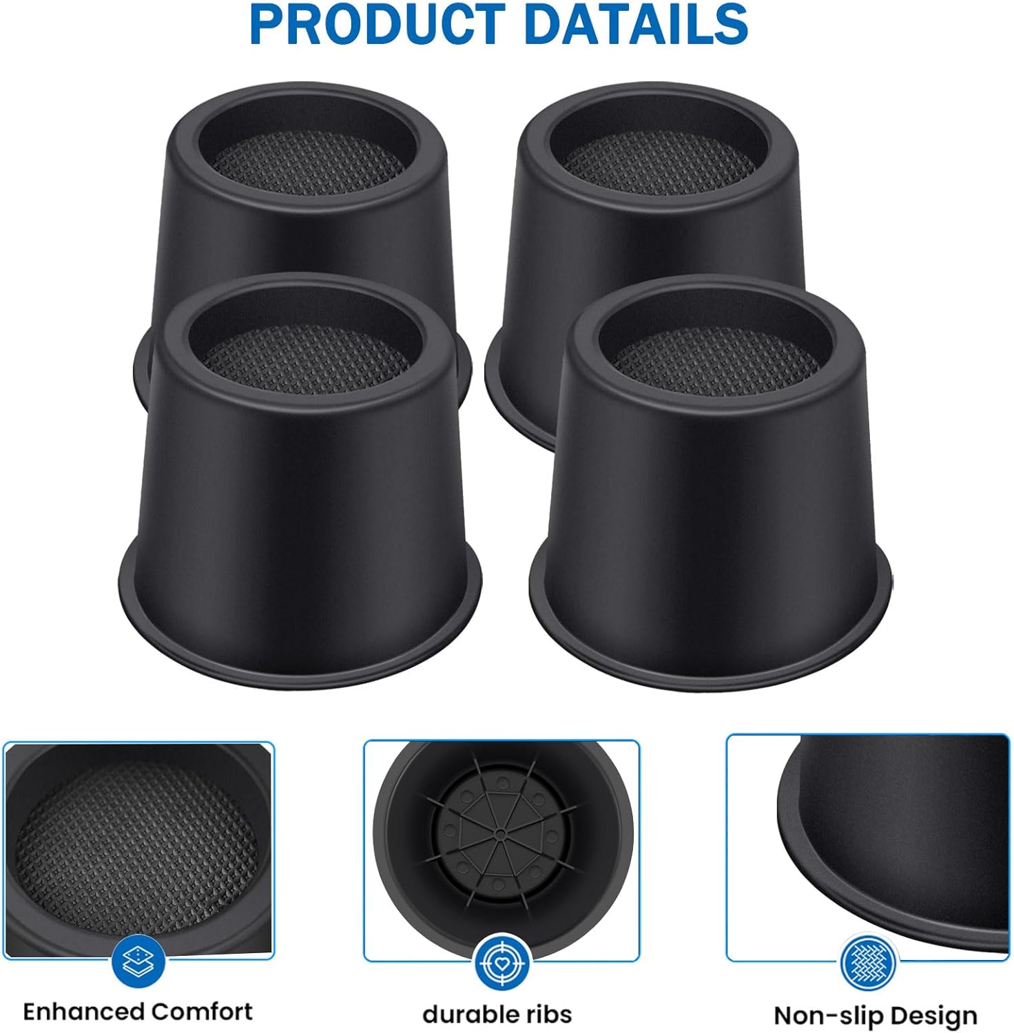 Bed Risers 4 Inch Heavy Duty, Round Furniture Risers for Bed Desk Table Sofa Couch，Bed Lifts Risers, Support up to 3300 Lbs(4 Pack Black) - Image 3