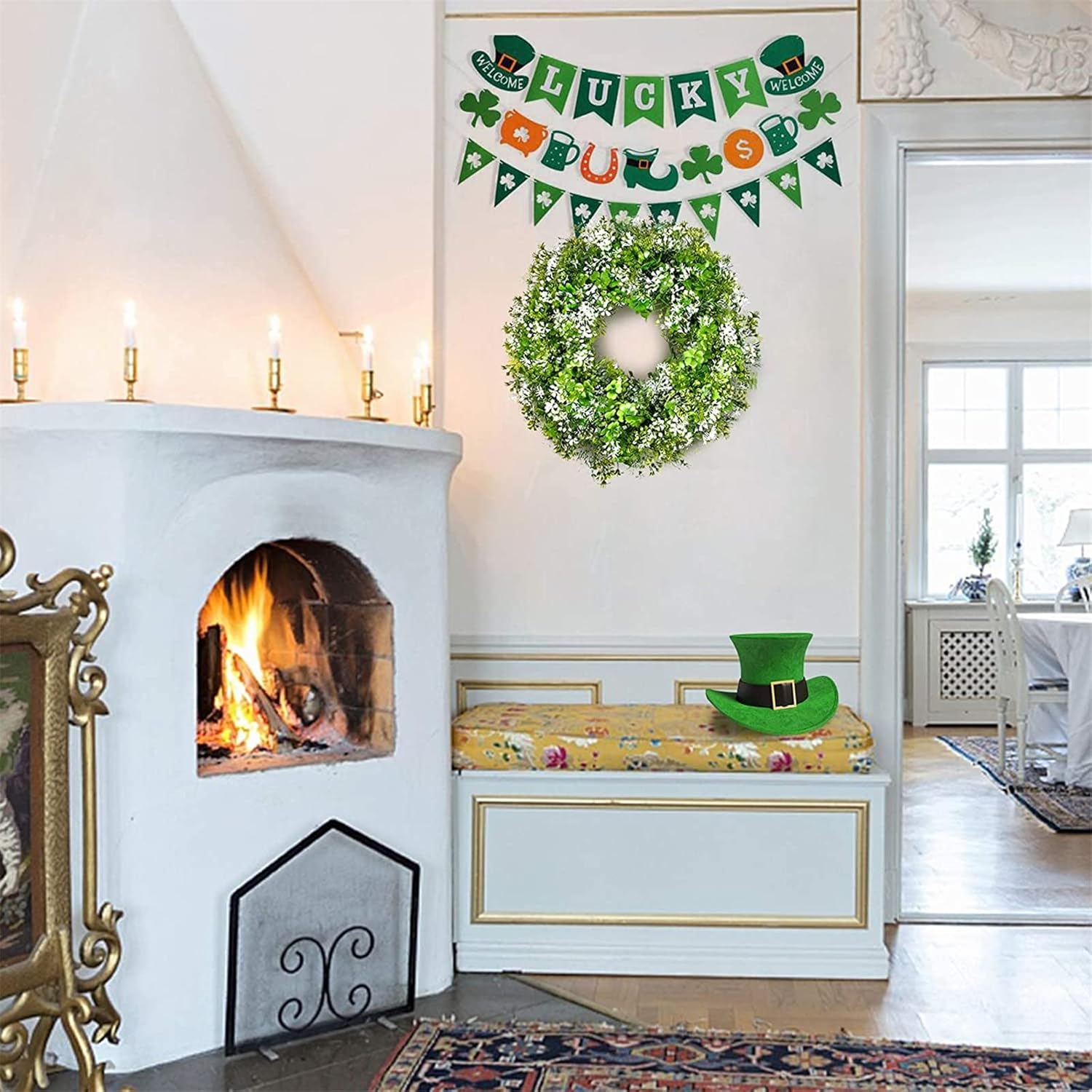 St Patricks Day Decorations Artificial Wreath Lucky Shamrock Clover Leprechaun Hat Beers Spring Summer Party Decor Outdoor/Indoor Farmhouse Front Porch Wall Window Door - Image 2