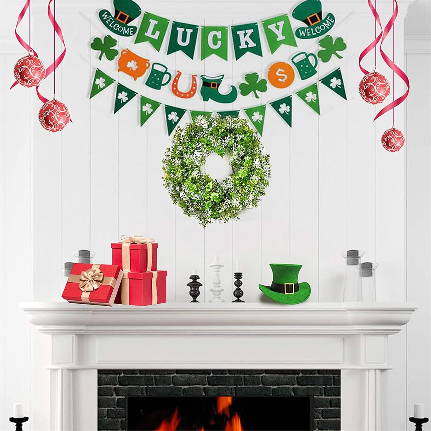 St Patricks Day Decorations Artificial Wreath Lucky Shamrock Clover Leprechaun Hat Beers Spring Summer Party Decor Outdoor/Indoor Farmhouse Front Porch Wall Window Door - Image 3