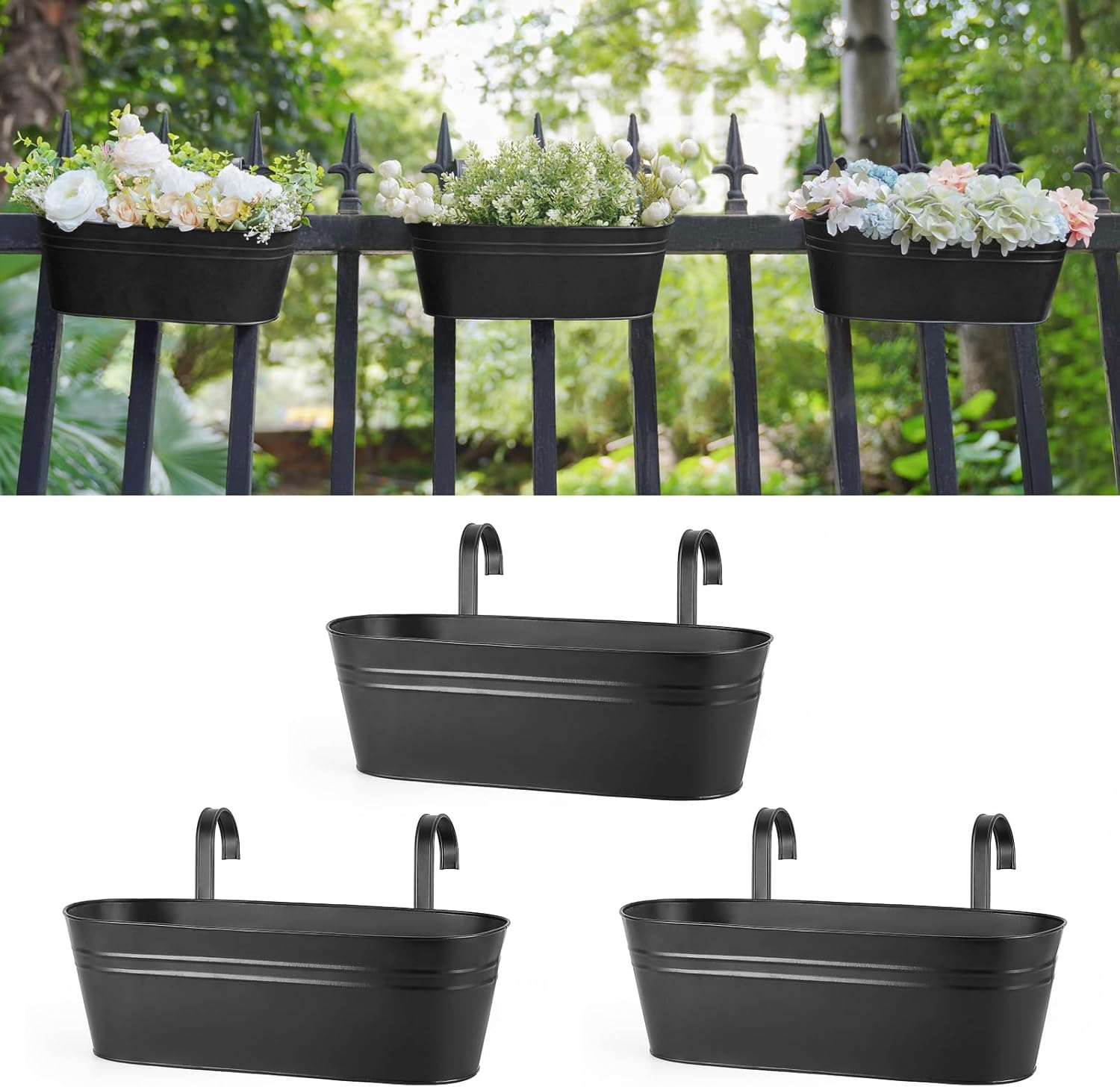 3 Pcs Metal Hanging Flower Pots for Railing Fence Outdoor Planter 15.7 Inch Hanging Bucket Pots Countryside Window Flower Plant Holder with Detachable Hooks for Garden Yard Home Decor,Black - Image 1