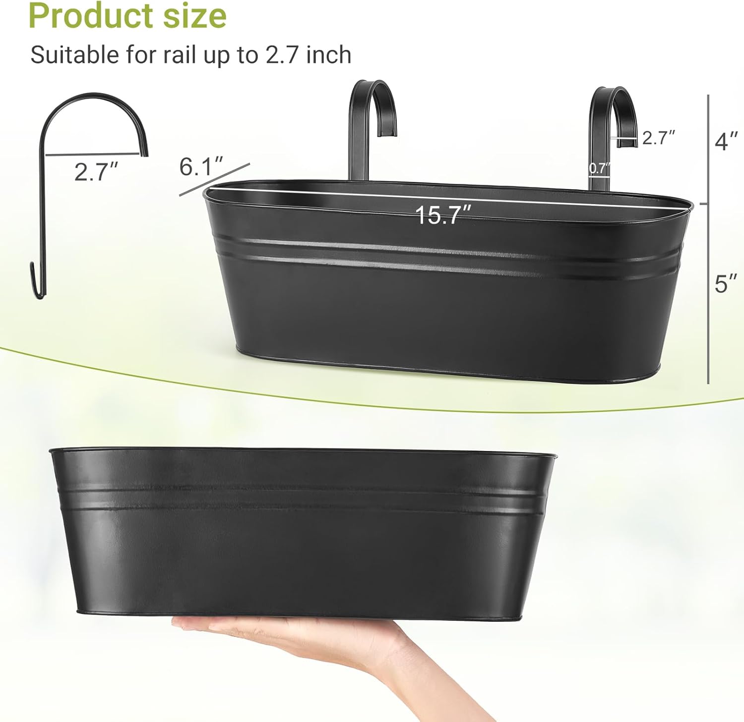 3 Pcs Metal Hanging Flower Pots for Railing Fence Outdoor Planter 15.7 Inch Hanging Bucket Pots Countryside Window Flower Plant Holder with Detachable Hooks for Garden Yard Home Decor,Black - Image 2