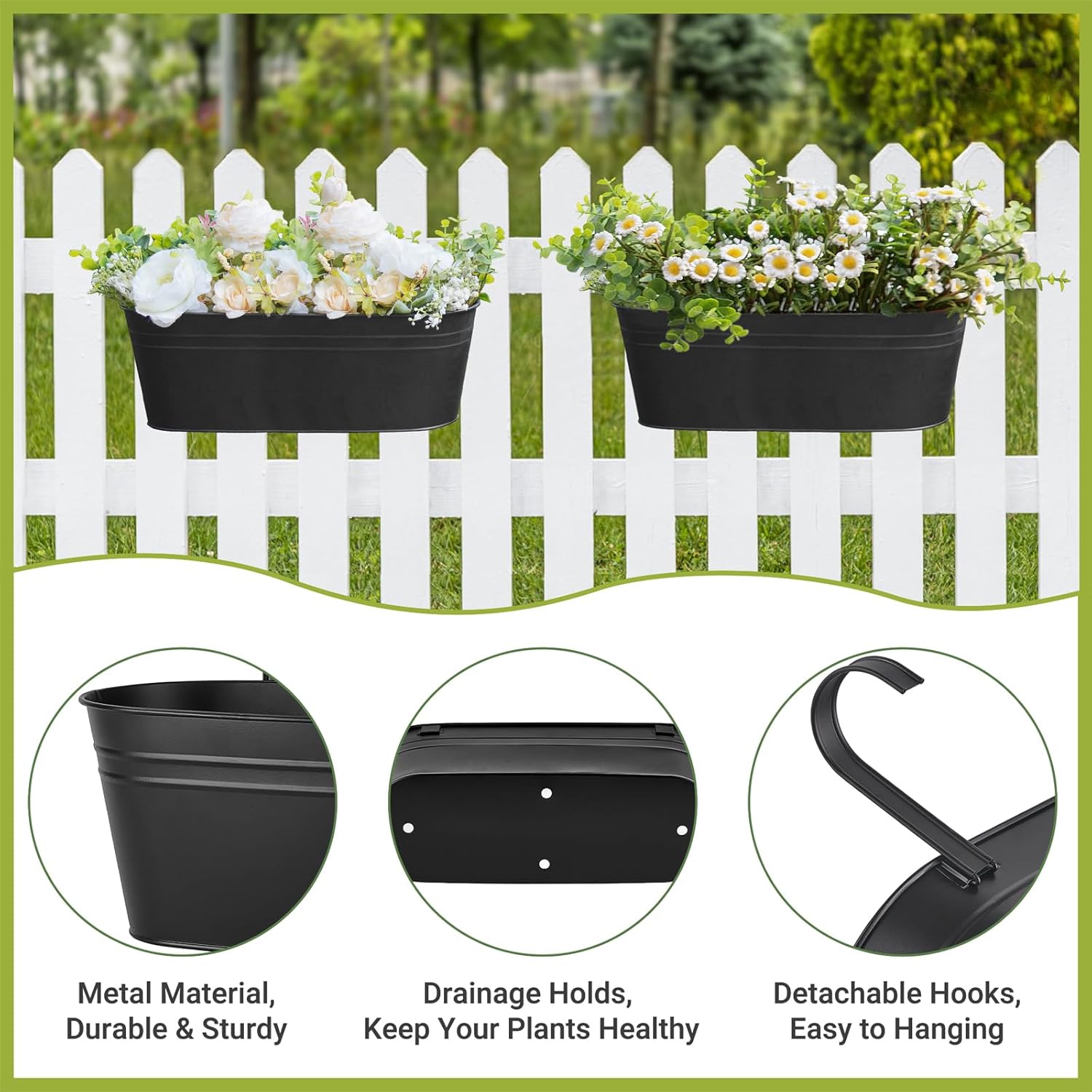 3 Pcs Metal Hanging Flower Pots for Railing Fence Outdoor Planter 15.7 Inch Hanging Bucket Pots Countryside Window Flower Plant Holder with Detachable Hooks for Garden Yard Home Decor,Black - Image 3