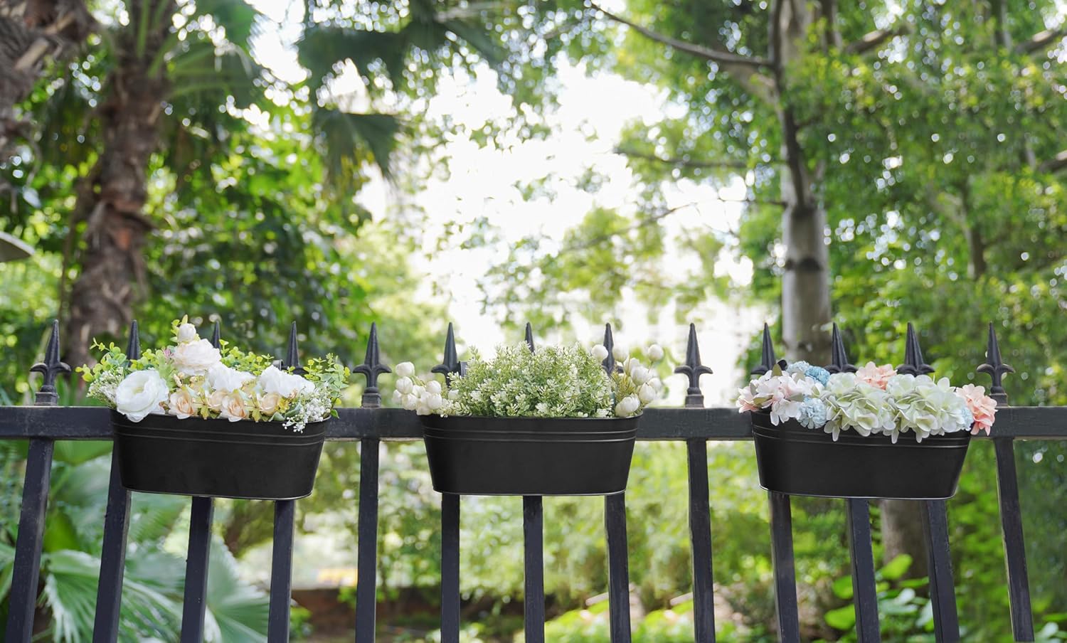 3 Pcs Metal Hanging Flower Pots for Railing Fence Outdoor Planter 15.7 Inch Hanging Bucket Pots Countryside Window Flower Plant Holder with Detachable Hooks for Garden Yard Home Decor,Black - Image 4
