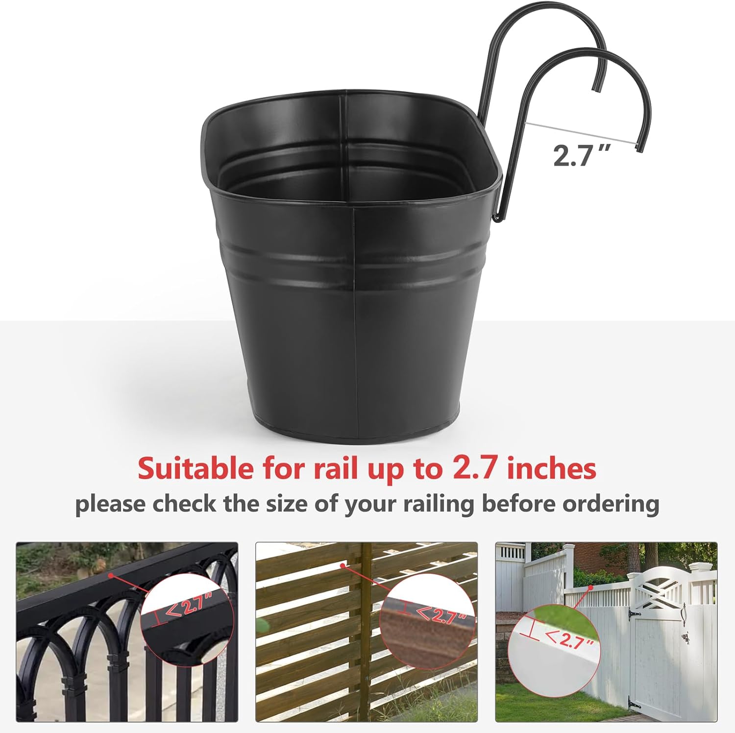 3 Pcs Metal Hanging Flower Pots for Railing Fence Outdoor Planter 15.7 Inch Hanging Bucket Pots Countryside Window Flower Plant Holder with Detachable Hooks for Garden Yard Home Decor,Black - Image 5