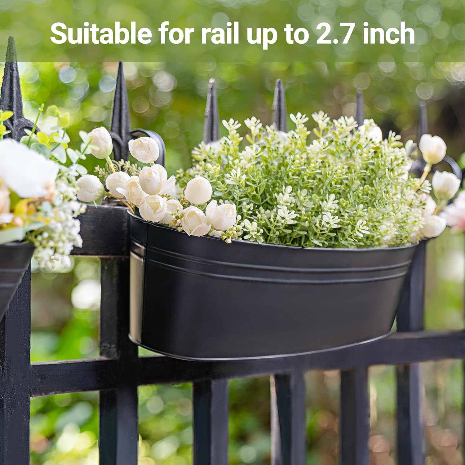 3 Pcs Metal Hanging Flower Pots for Railing Fence Outdoor Planter 15.7 Inch Hanging Bucket Pots Countryside Window Flower Plant Holder with Detachable Hooks for Garden Yard Home Decor,Black - Image 6