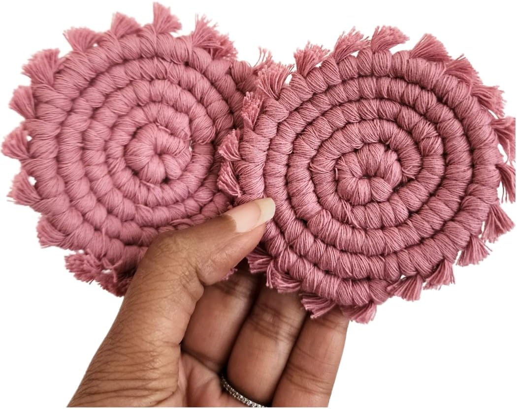 Cotton Car Coasters for Cup Holders, 2PC Car Cup Coasters, Drink Coaster Holder, Cute cupholder Coaster Accessories for Women, Macrame, Boho(Champagne Pink) - Image 1