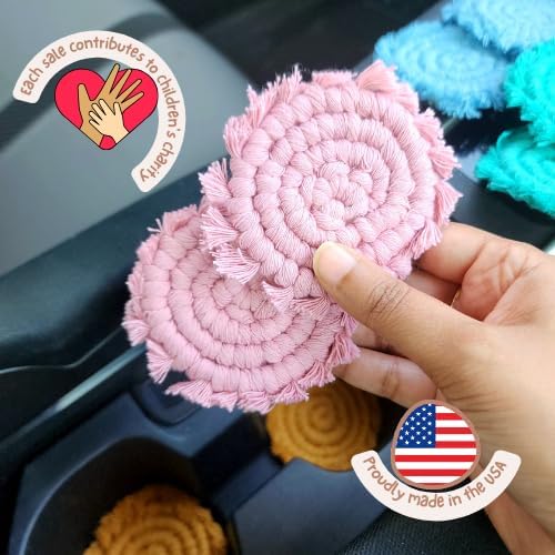 Cotton Car Coasters for Cup Holders, 2PC Car Cup Coasters, Drink Coaster Holder, Cute cupholder Coaster Accessories for Women, Macrame, Boho(Champagne Pink) - Image 2