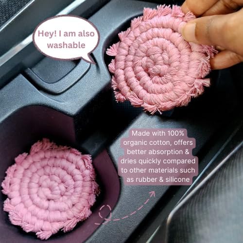 Cotton Car Coasters for Cup Holders, 2PC Car Cup Coasters, Drink Coaster Holder, Cute cupholder Coaster Accessories for Women, Macrame, Boho(Champagne Pink) - Image 3