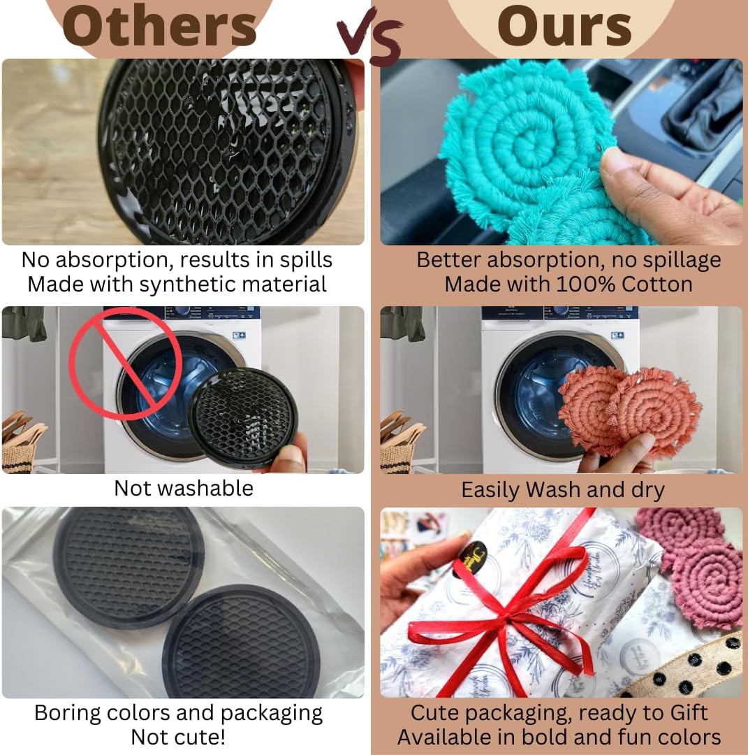 Cotton Car Coasters for Cup Holders, 2PC Car Cup Coasters, Drink Coaster Holder, Cute cupholder Coaster Accessories for Women, Macrame, Boho(Champagne Pink) - Image 4