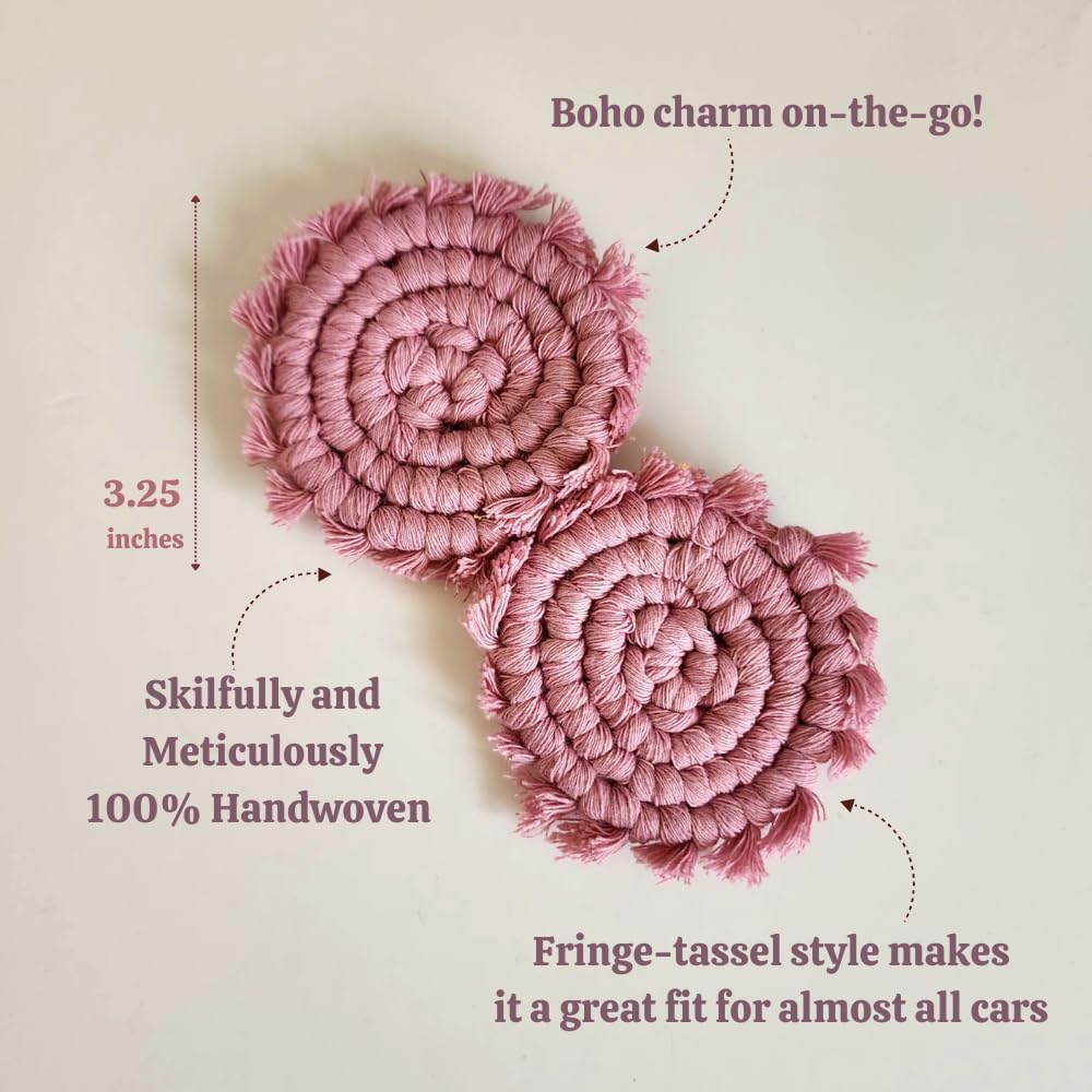 Cotton Car Coasters for Cup Holders, 2PC Car Cup Coasters, Drink Coaster Holder, Cute cupholder Coaster Accessories for Women, Macrame, Boho(Champagne Pink) - Image 5