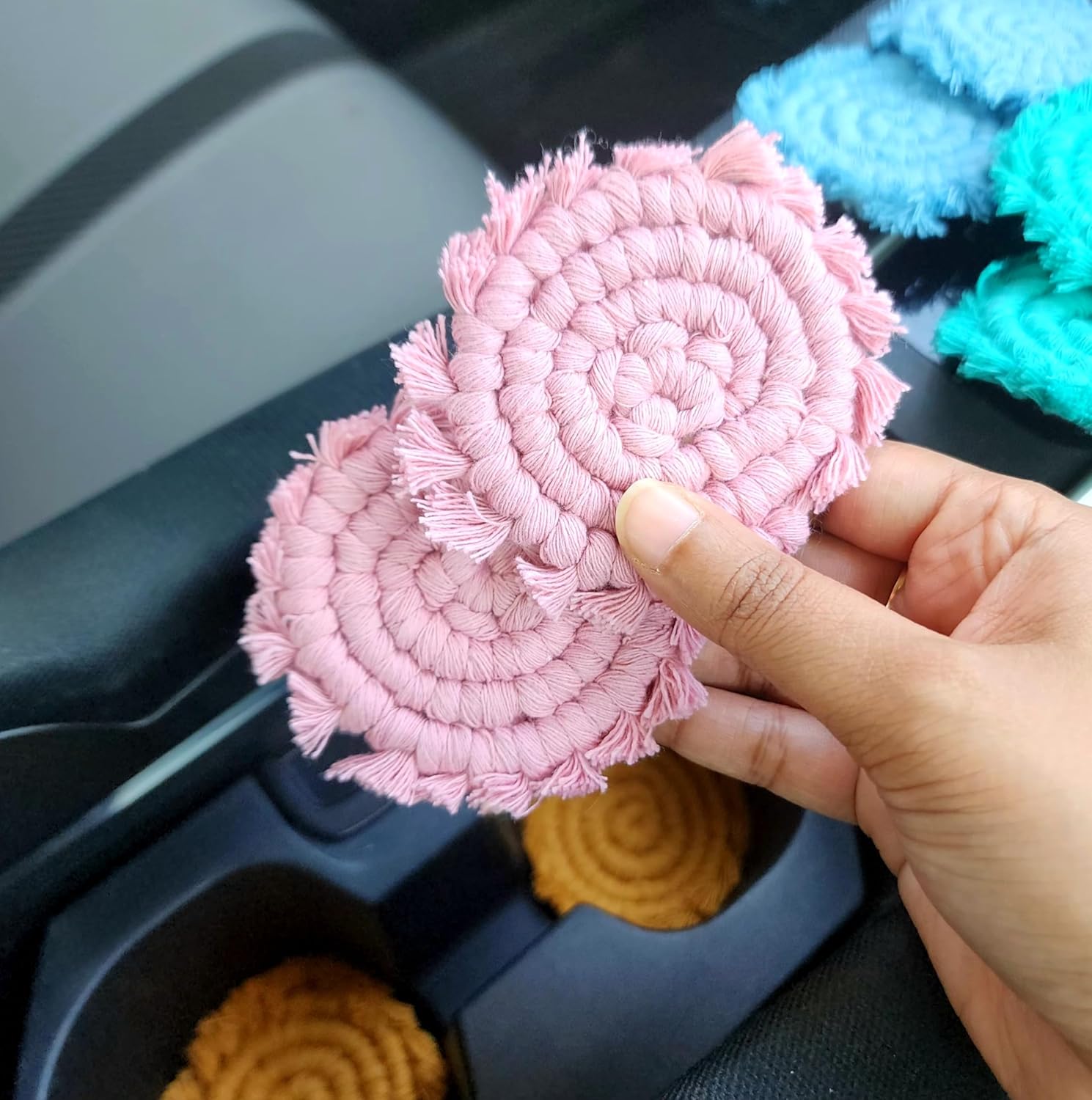 Cotton Car Coasters for Cup Holders, 2PC Car Cup Coasters, Drink Coaster Holder, Cute cupholder Coaster Accessories for Women, Macrame, Boho(Champagne Pink) - Image 8
