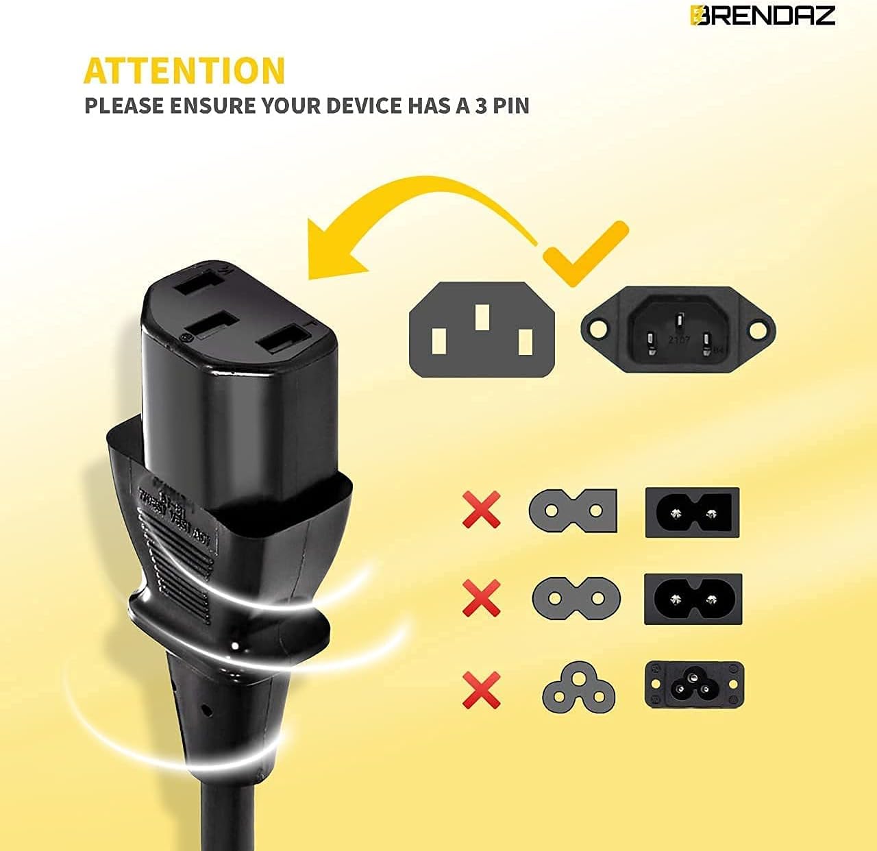 Universal PC Power Cord - 3 Prong AC Power Cable Replacement for Computer, Monitor, Scanner, Printer - IEC 320 C13 to NEMA 5-15P, 18awg, 125V 10 Amp (6-FEET) - Image 3