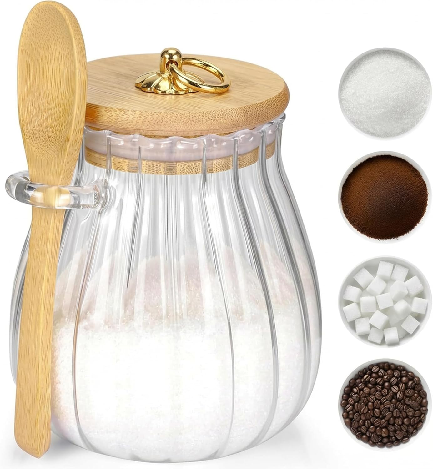 Sugar Container with Bamboo Lid and Spoon,15 oz Sugar Bowl Glass Jar for Coffee Bar Accessories Coffee Canister Kitchen Decor Housewarming Gift Christmas Refillable Design - Image 1