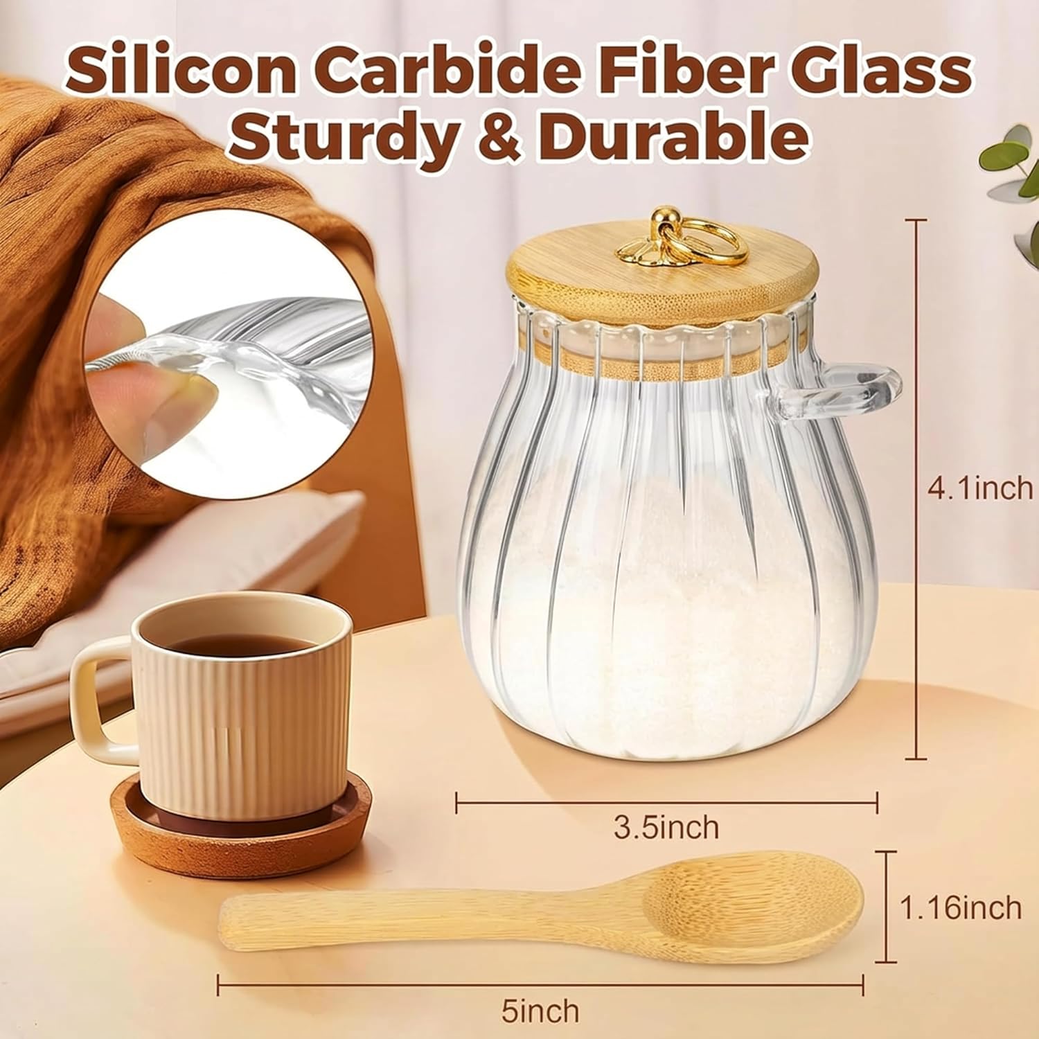 Sugar Container with Bamboo Lid and Spoon,15 oz Sugar Bowl Glass Jar for Coffee Bar Accessories Coffee Canister Kitchen Decor Housewarming Gift Christmas Refillable Design - Image 3