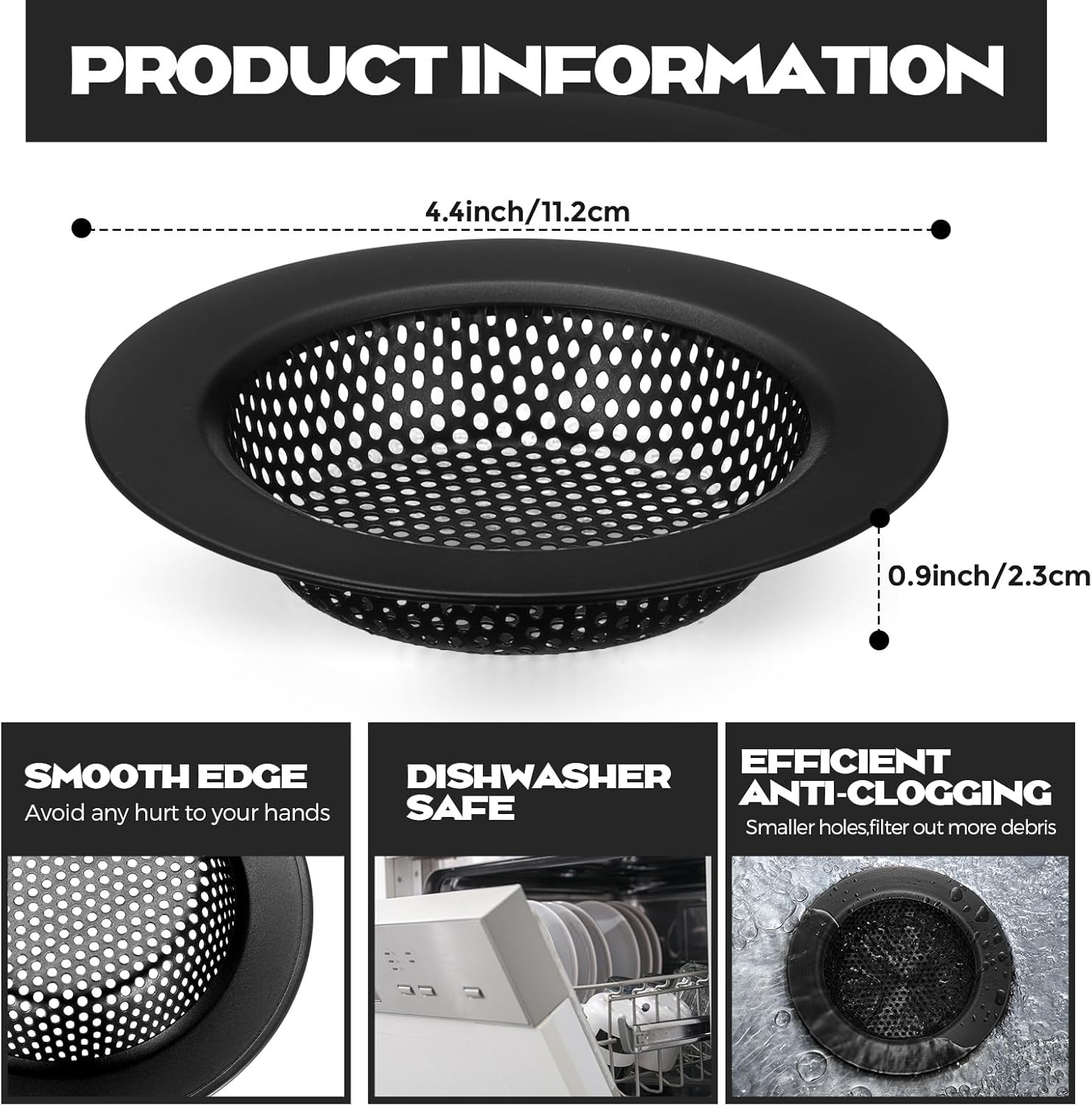 2 Pcs Sink Strainer Stainless Steel Kitchen Sink Drain Strainer Basket Cover Mesh Hair Food Catcher, Large Wide Rim of 4.4 Diameter(Matte Black) - Image 3