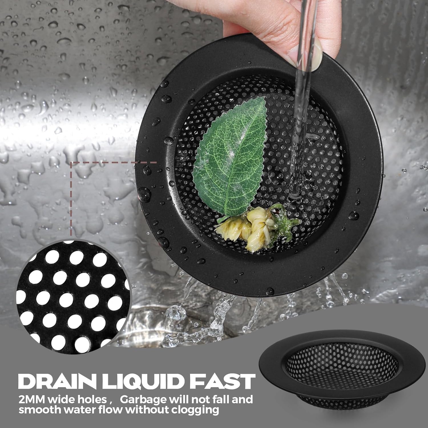 2 Pcs Sink Strainer Stainless Steel Kitchen Sink Drain Strainer Basket Cover Mesh Hair Food Catcher, Large Wide Rim of 4.4 Diameter(Matte Black) - Image 4