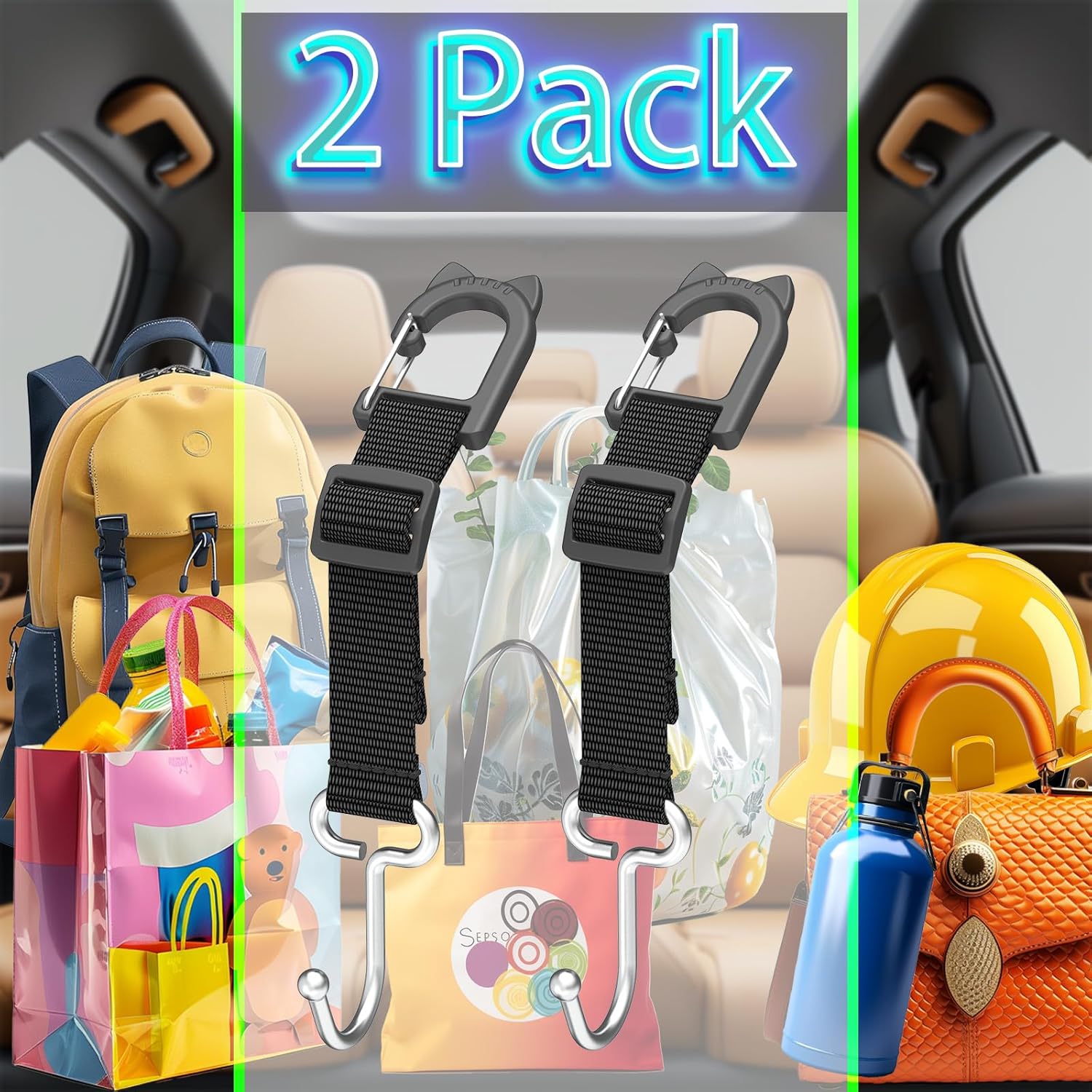 Car Headrest Hooks 2-Pack - Heavy Duty Metal Seat Hooks for Purses, Handbags & Grocery Bags - 100 LBS Load - Universal Car Accessory Organizer, Car Gifts - Image 6