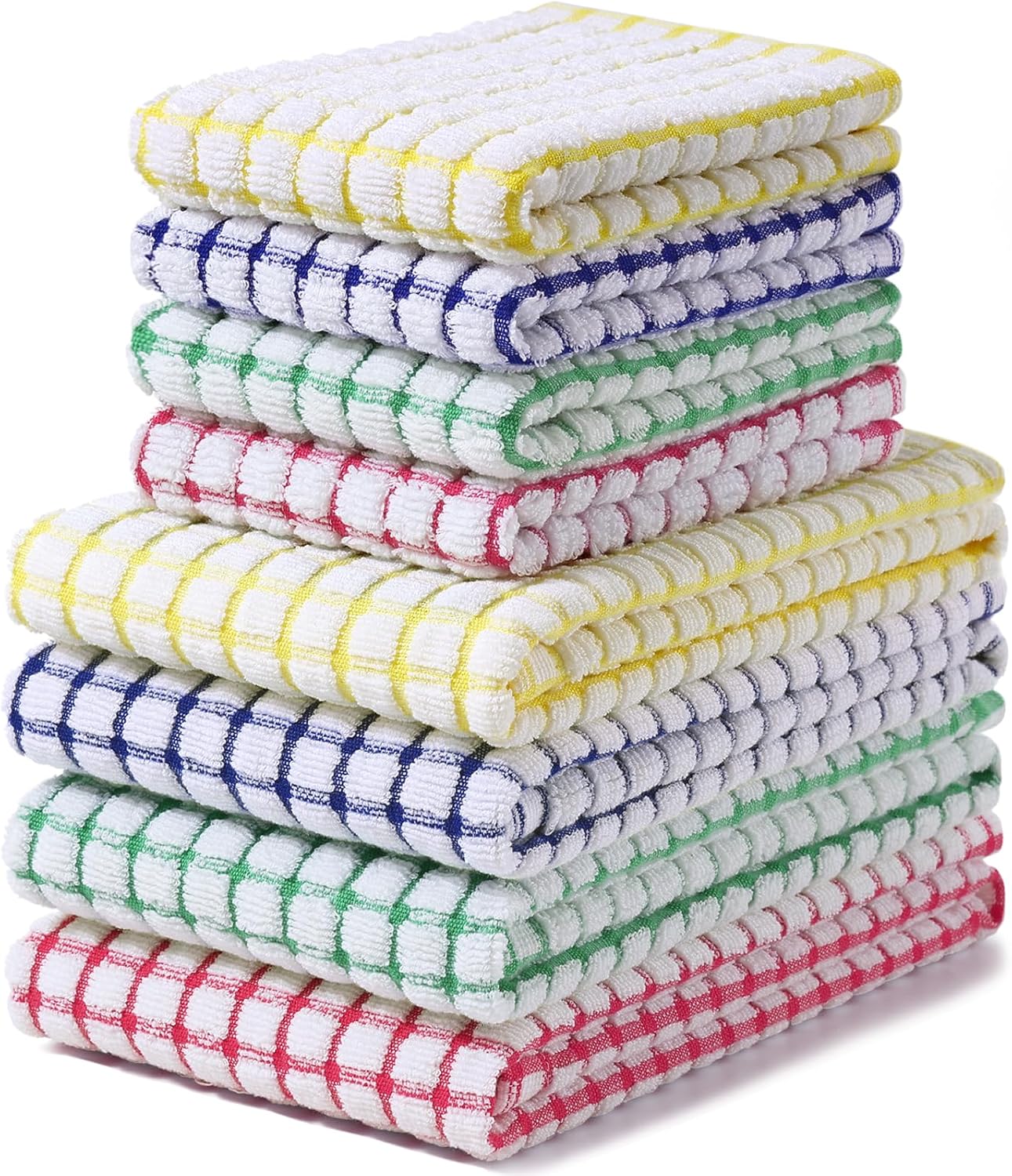 Kitchen Towels and Dishcloths Set, 16 x 25 and 12 x 12 Inches, Set of 8 Cotton Terry Kitchen Dish Towels, Super Soft and Absorbent Dish Cloths, Blue/Yellow/Red/Green - Image 1