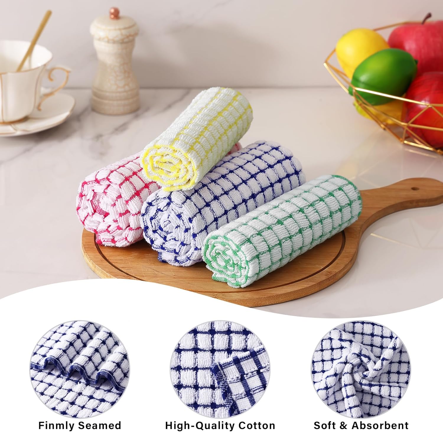 Kitchen Towels and Dishcloths Set, 16 x 25 and 12 x 12 Inches, Set of 8 Cotton Terry Kitchen Dish Towels, Super Soft and Absorbent Dish Cloths, Blue/Yellow/Red/Green - Image 4