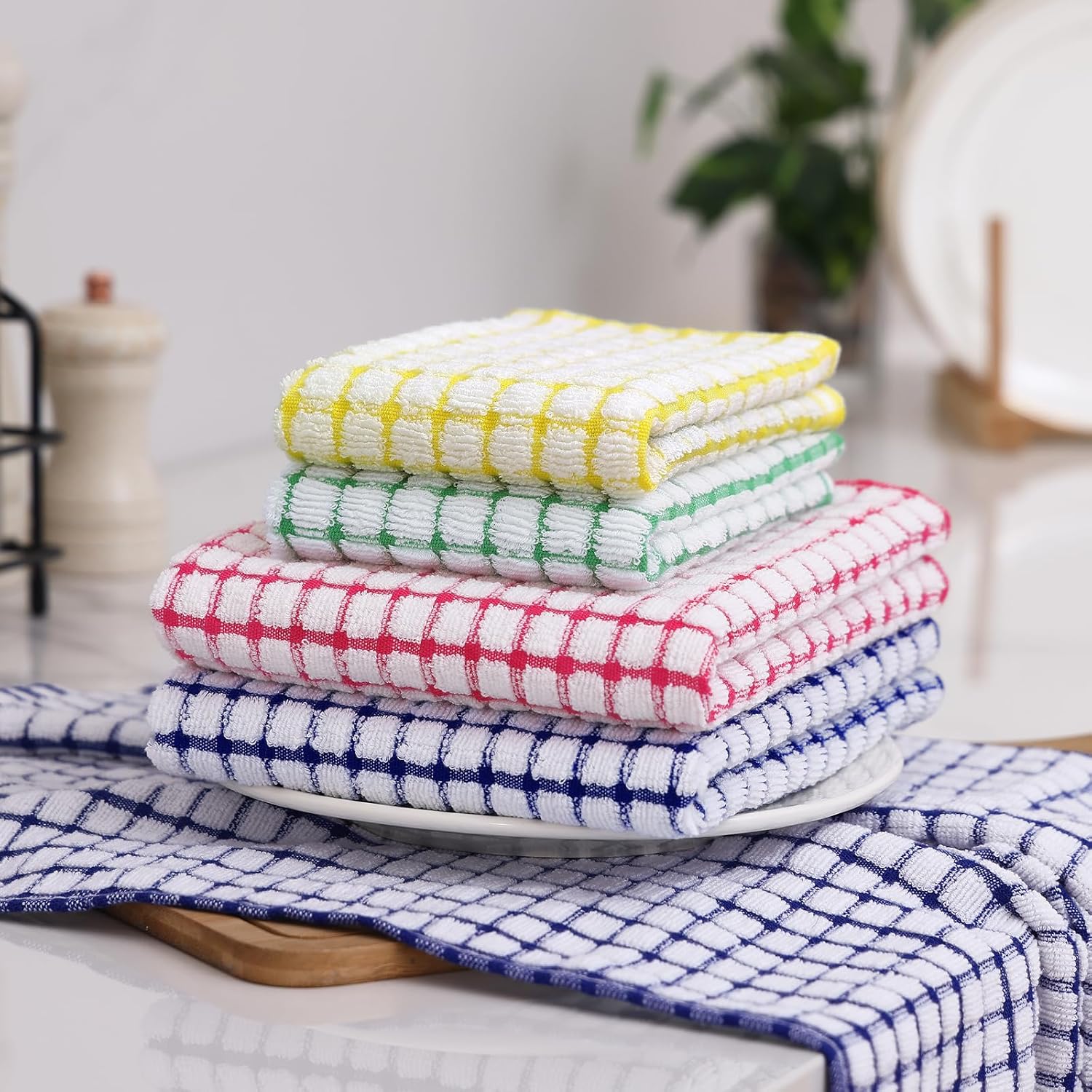 Kitchen Towels and Dishcloths Set, 16 x 25 and 12 x 12 Inches, Set of 8 Cotton Terry Kitchen Dish Towels, Super Soft and Absorbent Dish Cloths, Blue/Yellow/Red/Green - Image 8