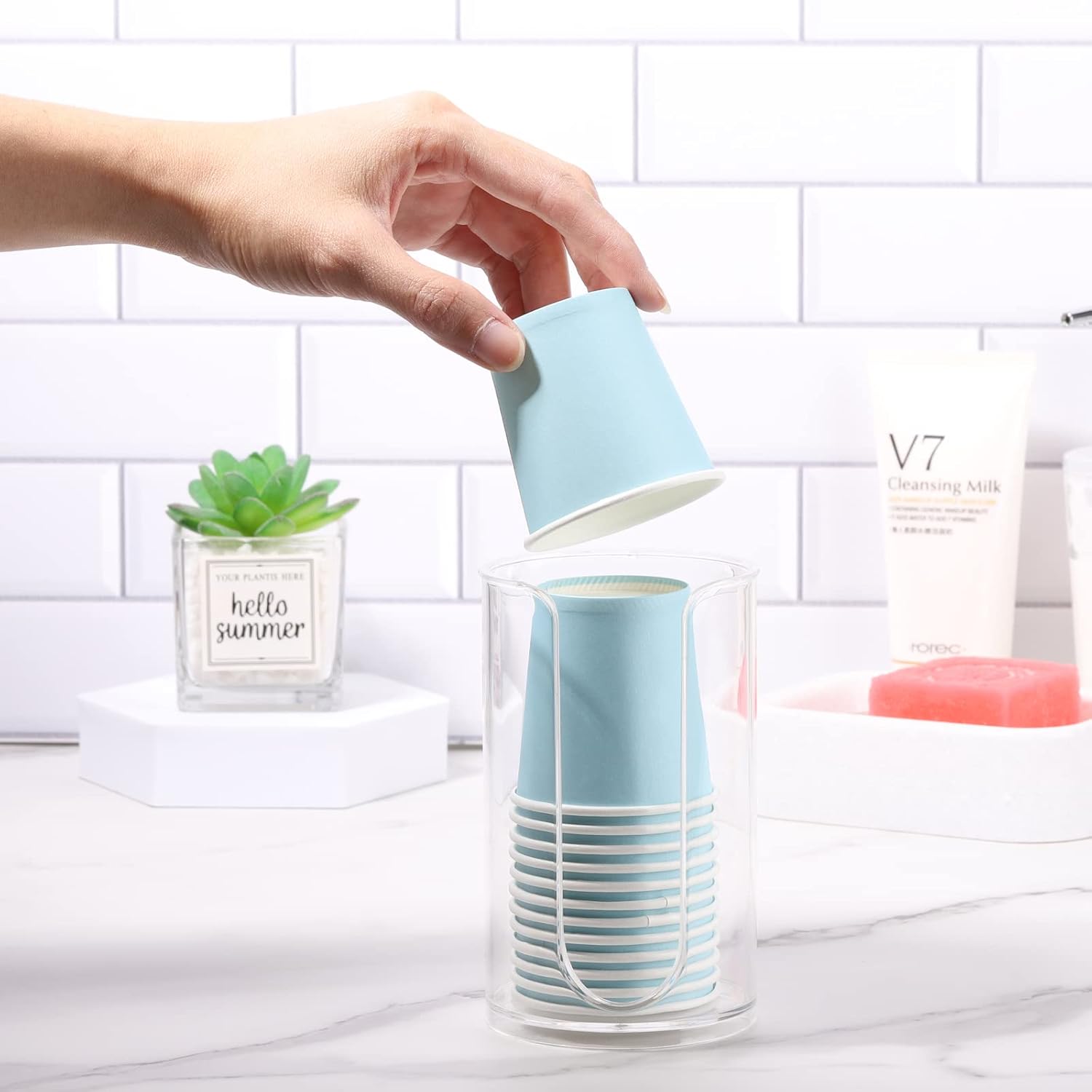 Bathroom Cup Dispenser, 3oz-5oz Small Disposable Paper Cups Holder for Bathroom Vanity Countertop's Rinsing/Mouthwash Cups, Clear - Image 3
