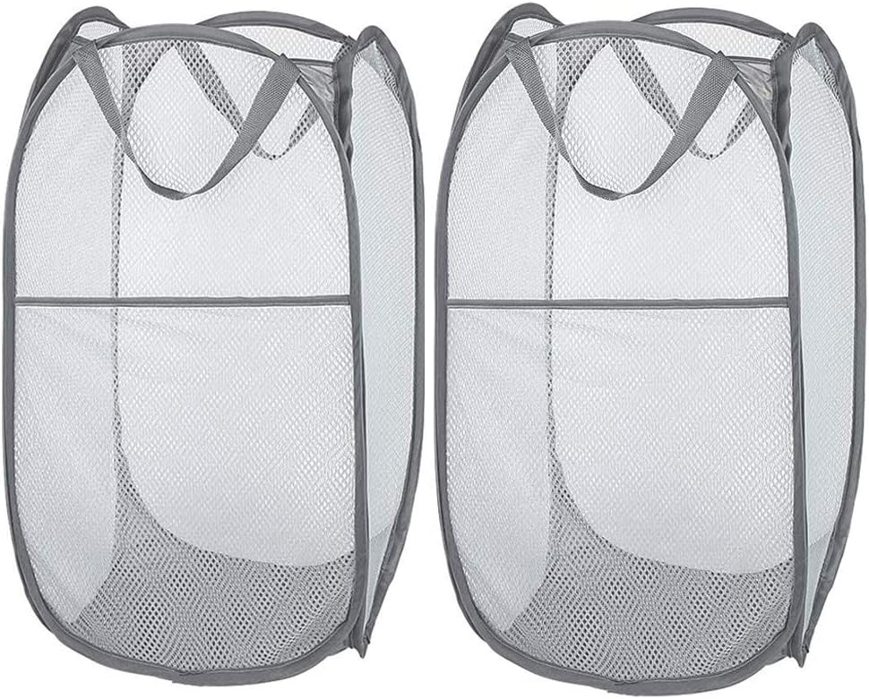 2 Pcs Popup Mesh Laundry Baskets, Collapsible and Portable Clothes Washing Laundry Hampers with Reinforced Carry Handles, Gray Clothes Hamper for Home, Travel, College Dorm - Image 1