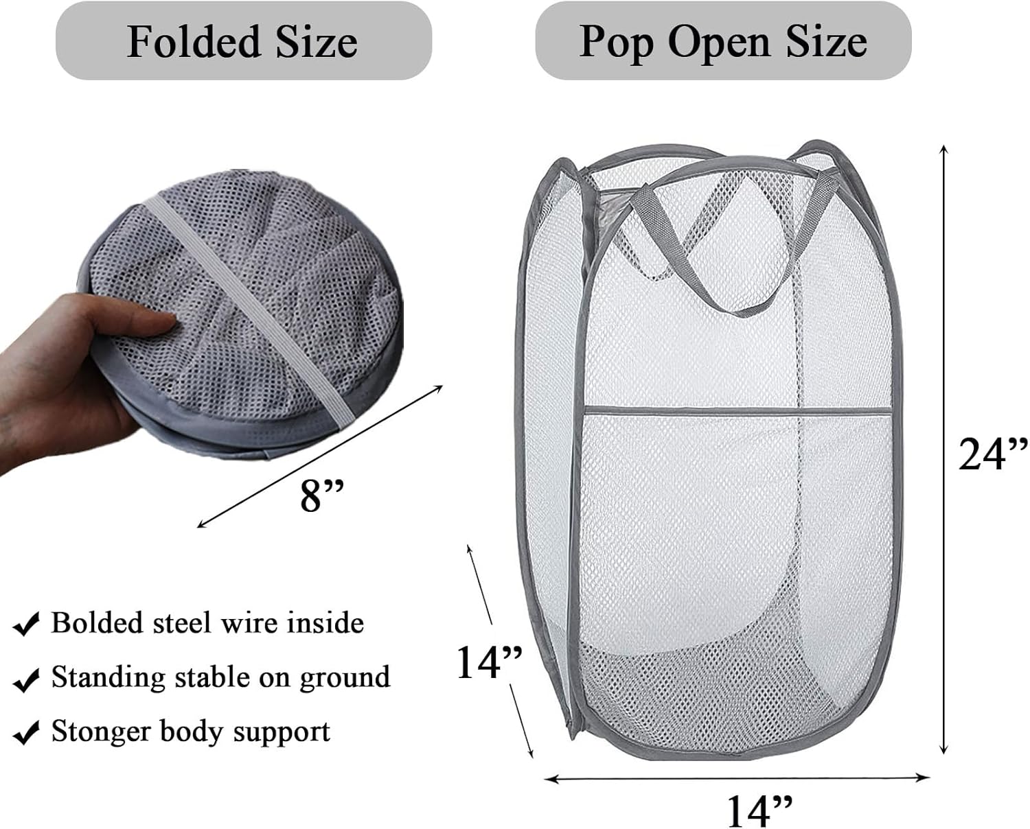 2 Pcs Popup Mesh Laundry Baskets, Collapsible and Portable Clothes Washing Laundry Hampers with Reinforced Carry Handles, Gray Clothes Hamper for Home, Travel, College Dorm - Image 2