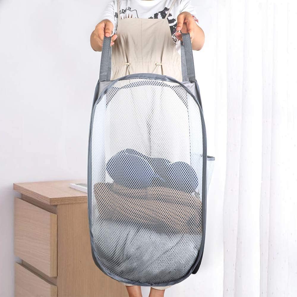 2 Pcs Popup Mesh Laundry Baskets, Collapsible and Portable Clothes Washing Laundry Hampers with Reinforced Carry Handles, Gray Clothes Hamper for Home, Travel, College Dorm - Image 3