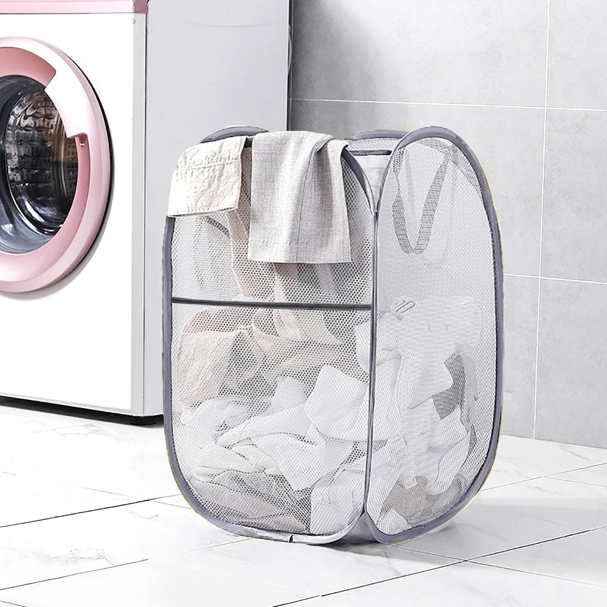 2 Pcs Popup Mesh Laundry Baskets, Collapsible and Portable Clothes Washing Laundry Hampers with Reinforced Carry Handles, Gray Clothes Hamper for Home, Travel, College Dorm - Image 5