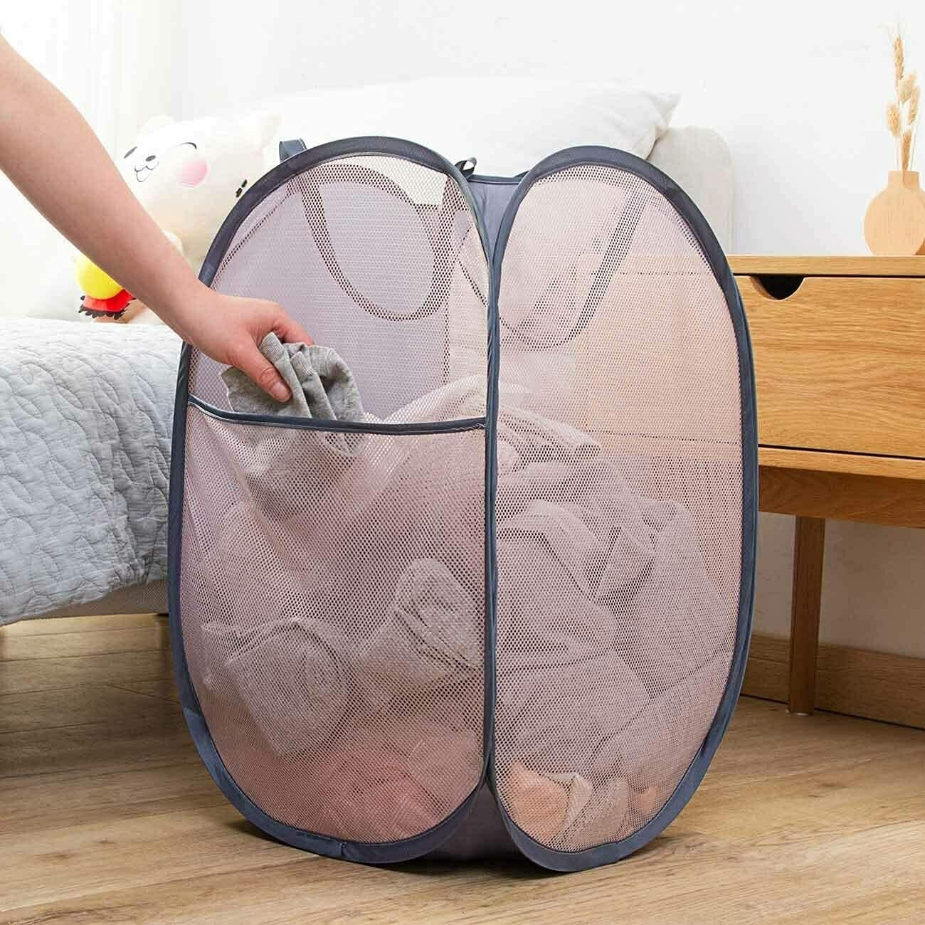2 Pcs Popup Mesh Laundry Baskets, Collapsible and Portable Clothes Washing Laundry Hampers with Reinforced Carry Handles, Gray Clothes Hamper for Home, Travel, College Dorm - Image 7