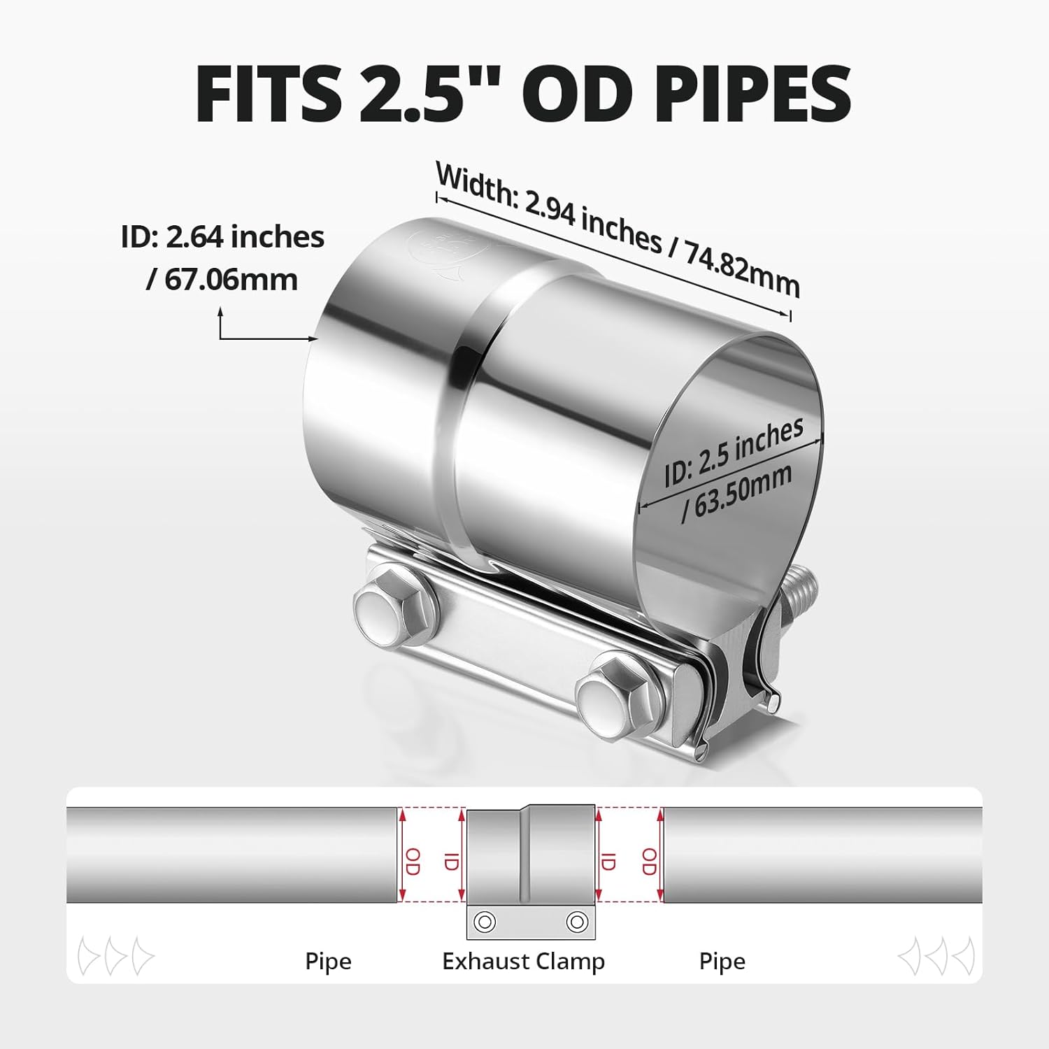 2.5'' Exhaust Clamp, Lap Joint Band Clamp Stainless Steel for Pipes, Mufflers, Catalytic Converters (1PCS, 2.5 inch) - Image 2