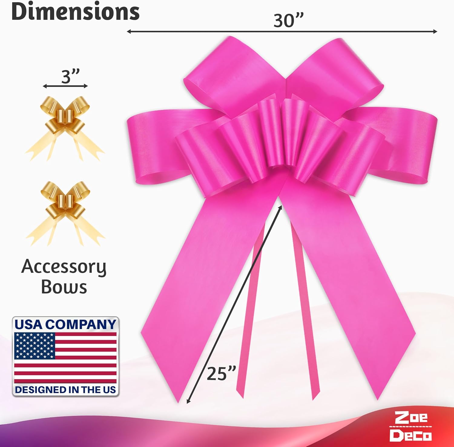 - Big Car Bow - Pink, 30 Inch - Giant Car Bow w/ 2 Gold Accessory Bows for Birthday, Christmas, Wedding Reception, Surprise Party - Large Gift Wrapping for Huge Present - Image 5