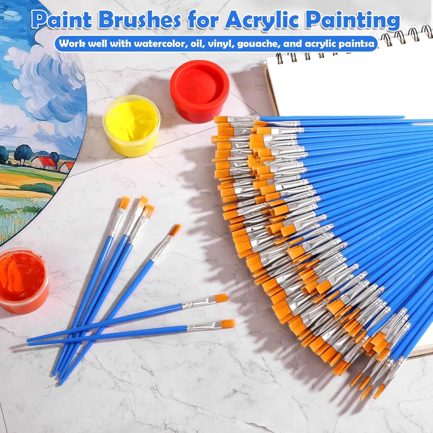 126 Pcs Flat Paint Brushes for Acrylic Painting, Small Paint Brushes Bulk, Kids Paint Brushes Set for Art Crafts Classroom Oil Watercolor Canvas Face Painting - Image 3