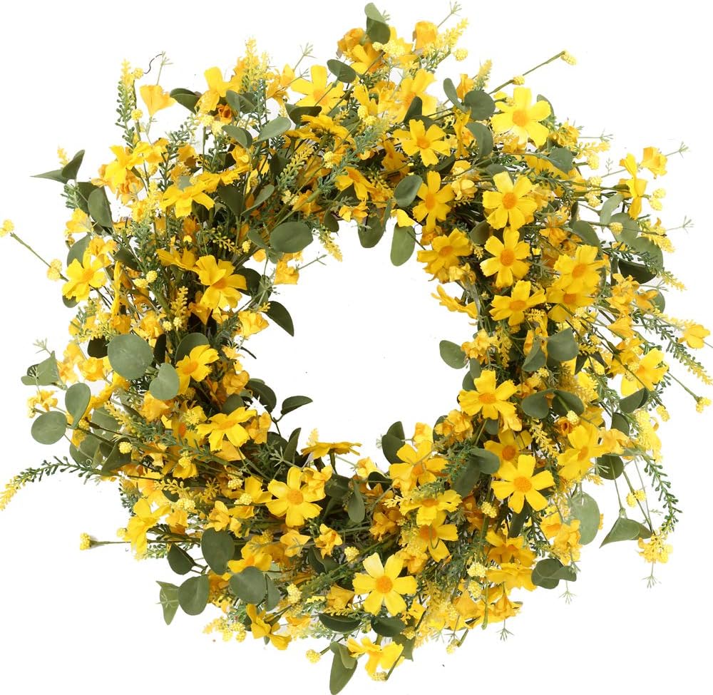 Artificial Spring Wreath 22 Inch Summer Wreaths for Front Door Yellow Daisy Wreath for Indoor Outdoor Home Decor and Easter Celebration - Image 1