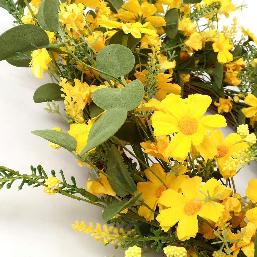 Artificial Spring Wreath 22 Inch Summer Wreaths for Front Door Yellow Daisy Wreath for Indoor Outdoor Home Decor and Easter Celebration - Image 2